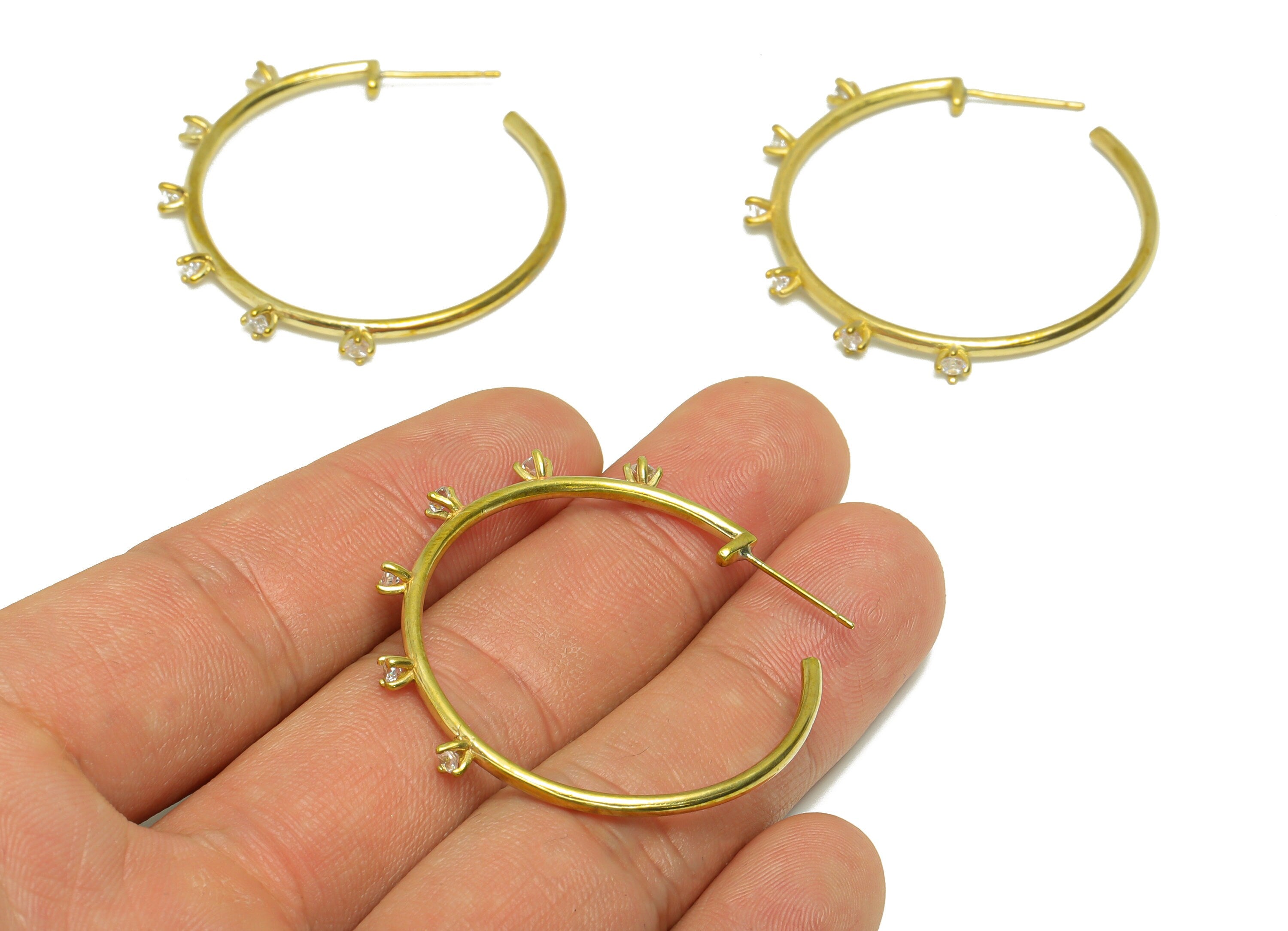 Brass CZ C Hoop Earring Stud - Raw Brass Open Hoop Zircon Earring Post - Brass CZ Zircon Hoop Earring Post - 39x39x4.47mm- PP9313 - DOMEDBAZAAR