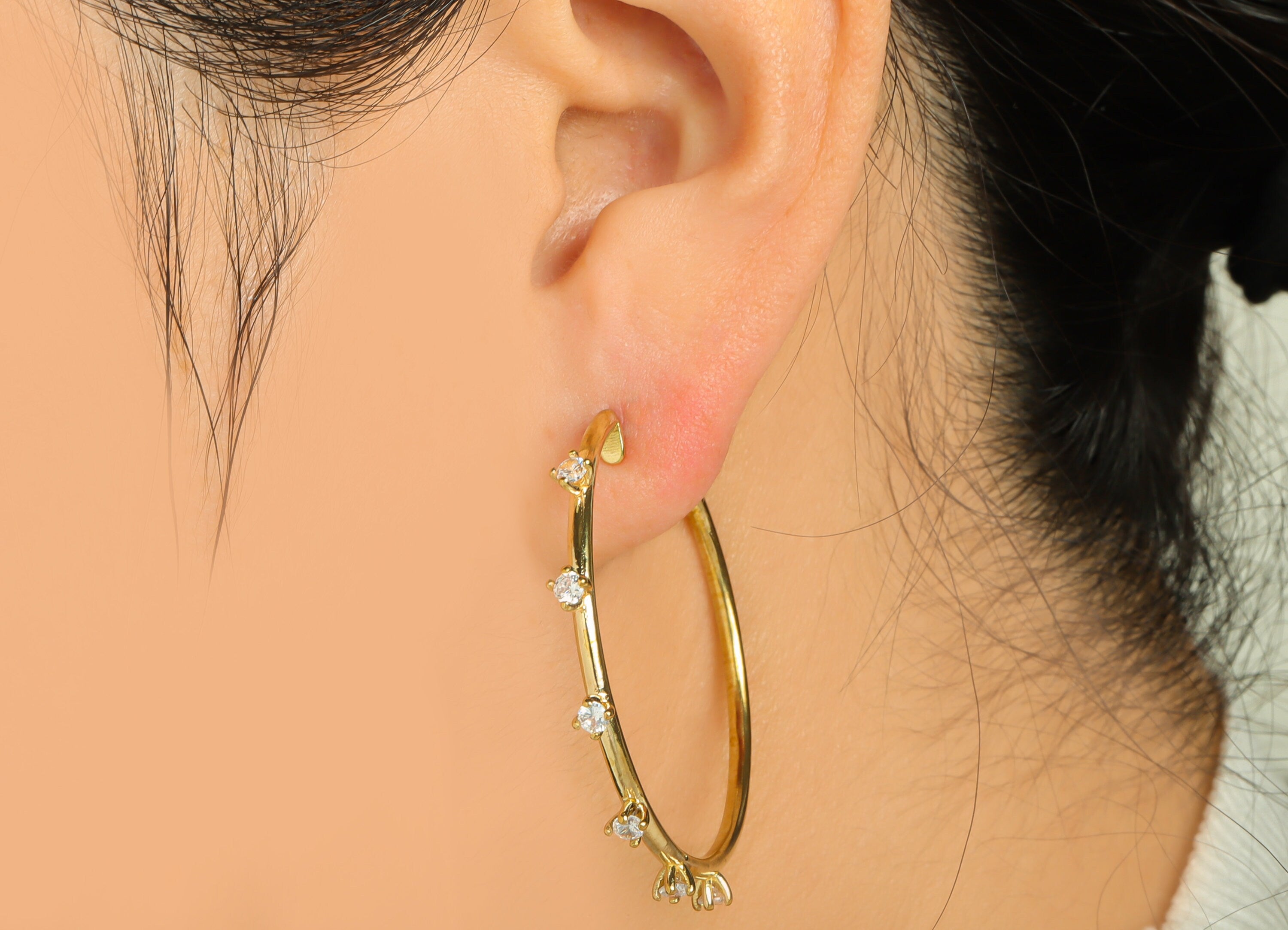 Brass CZ C Hoop Earring Stud - Raw Brass Open Hoop Zircon Earring Post - Brass CZ Zircon Hoop Earring Post - 39x39x4.47mm- PP9313 - DOMEDBAZAAR