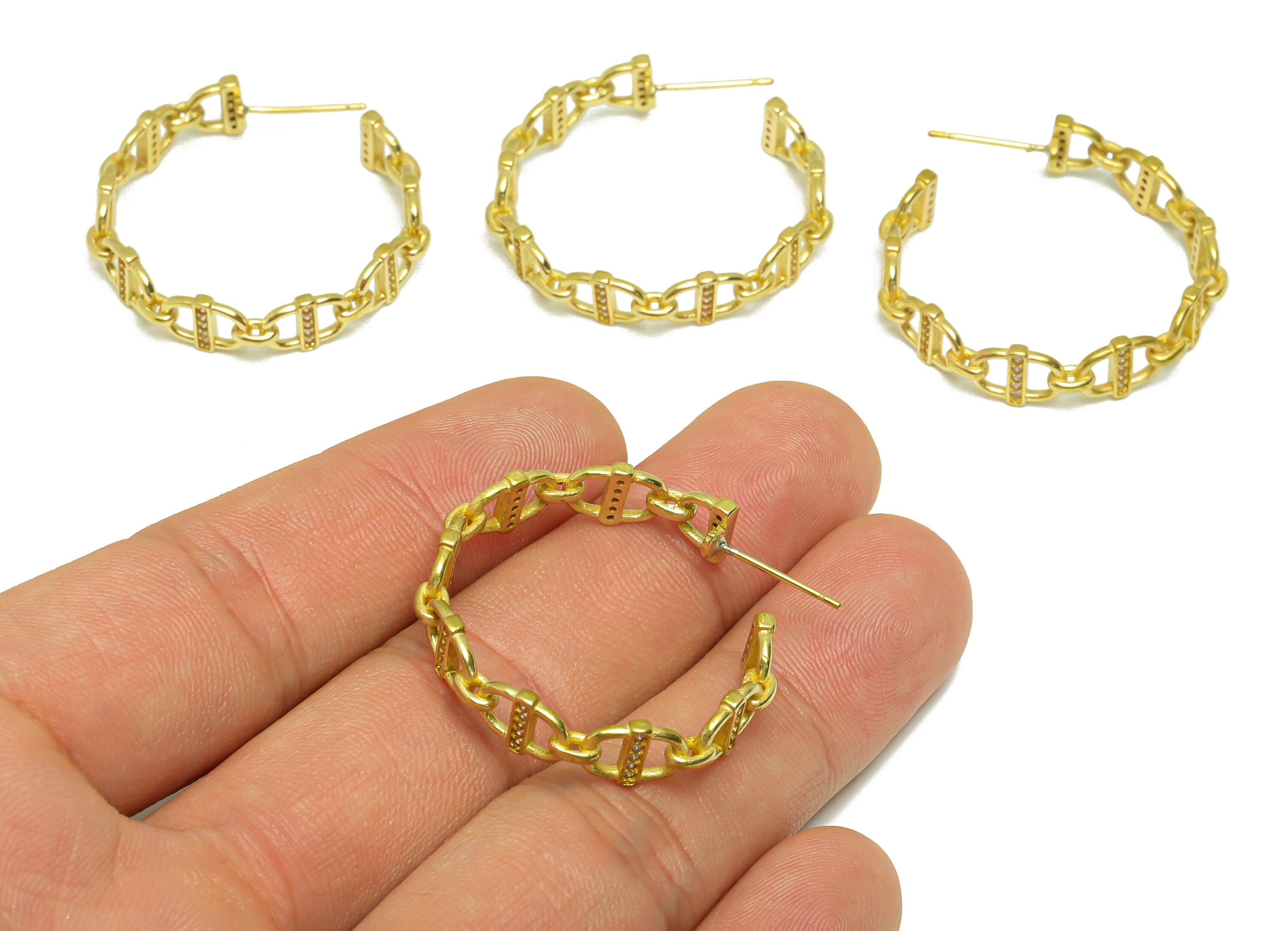 Brass Chain C Hoop Earring Stud - Raw Brass Open Hoop Zircon Earring Post - Brass Link Zircon Hoop Earring Post - 31.25x31.25x1.64mm- PP9311 - DOMEDBAZAAR