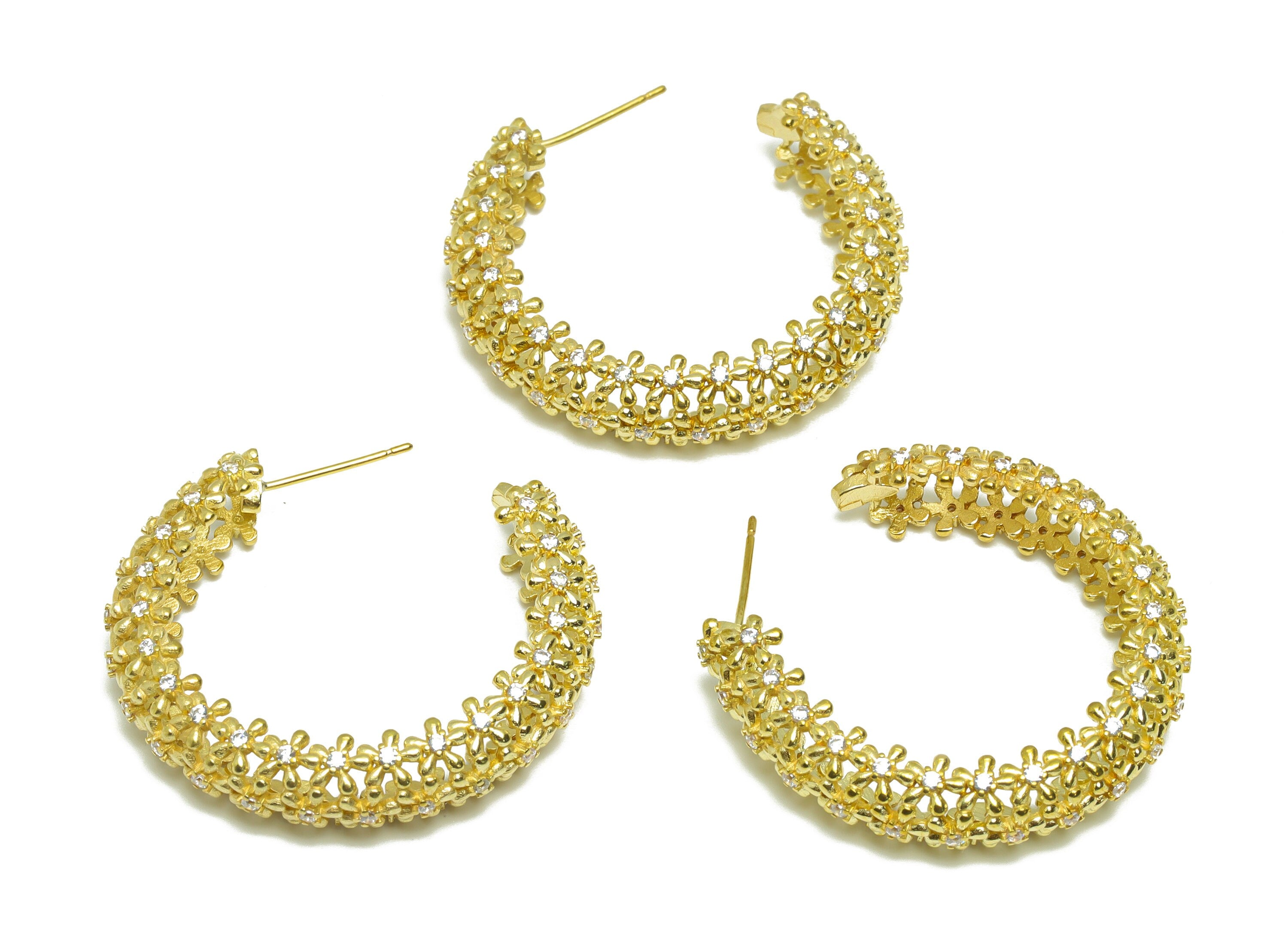 Brass Flower C Hoop Earring Stud - Raw Brass Open Hoop Zircon Earring Post - Brass Daisy Zircon Hoop Earring Post - 36x36x4.39mm - PP9331 - DOMEDBAZAAR
