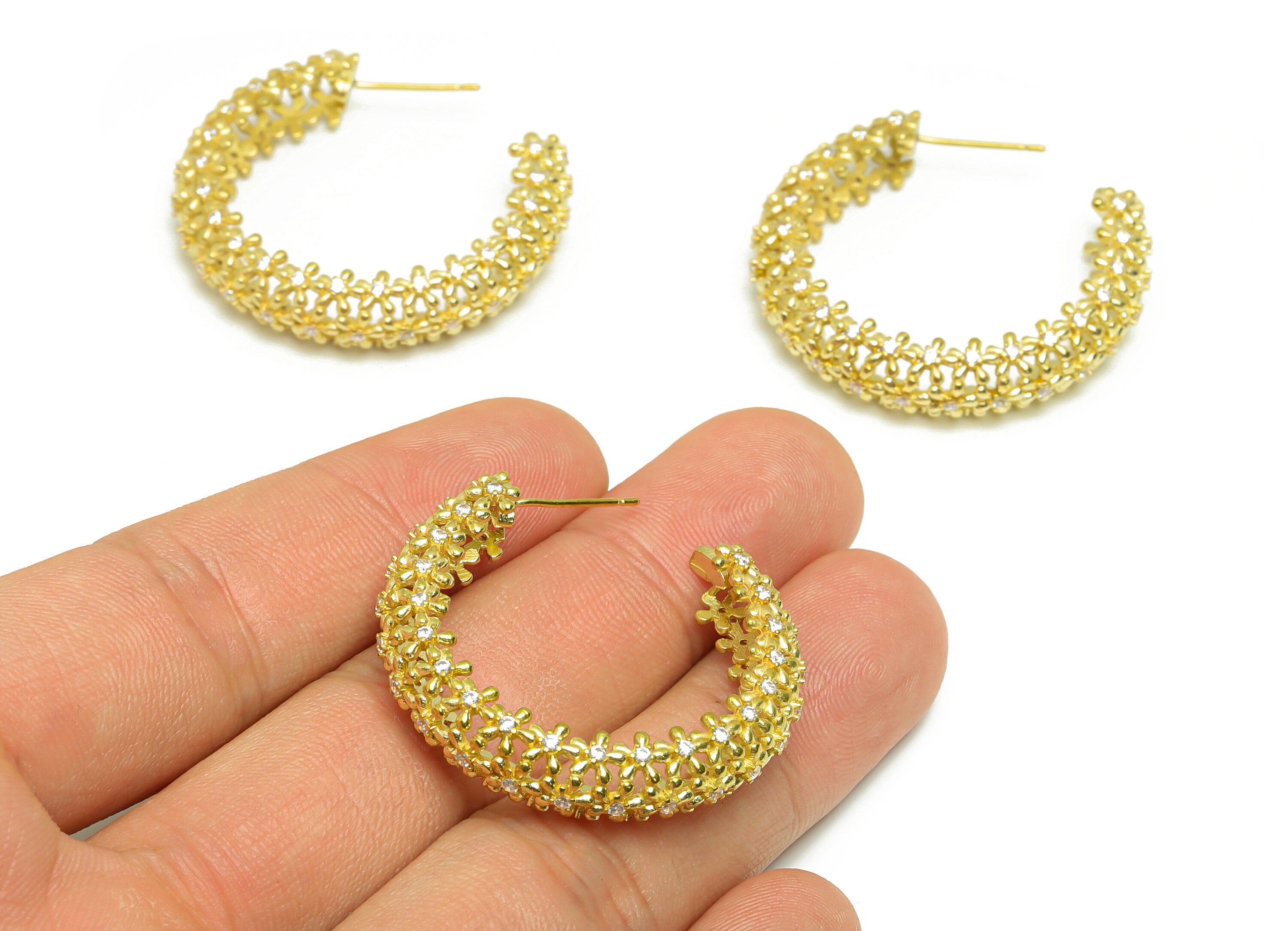 Brass Flower C Hoop Earring Stud - Raw Brass Open Hoop Zircon Earring Post - Brass Daisy Zircon Hoop Earring Post - 36x36x4.39mm - PP9331 - DOMEDBAZAAR