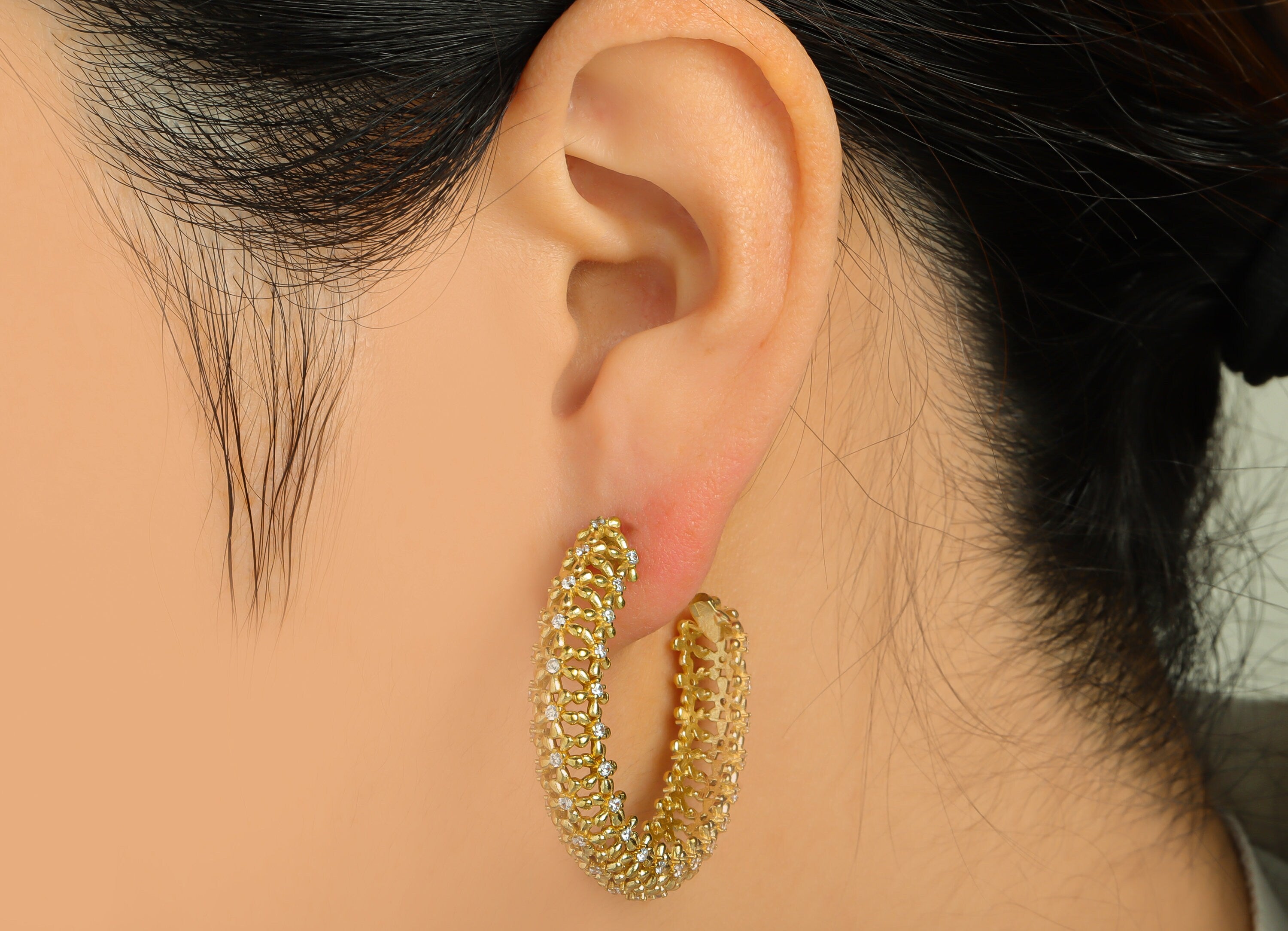Brass Flower C Hoop Earring Stud - Raw Brass Open Hoop Zircon Earring Post - Brass Daisy Zircon Hoop Earring Post - 36x36x4.39mm - PP9331 - DOMEDBAZAAR