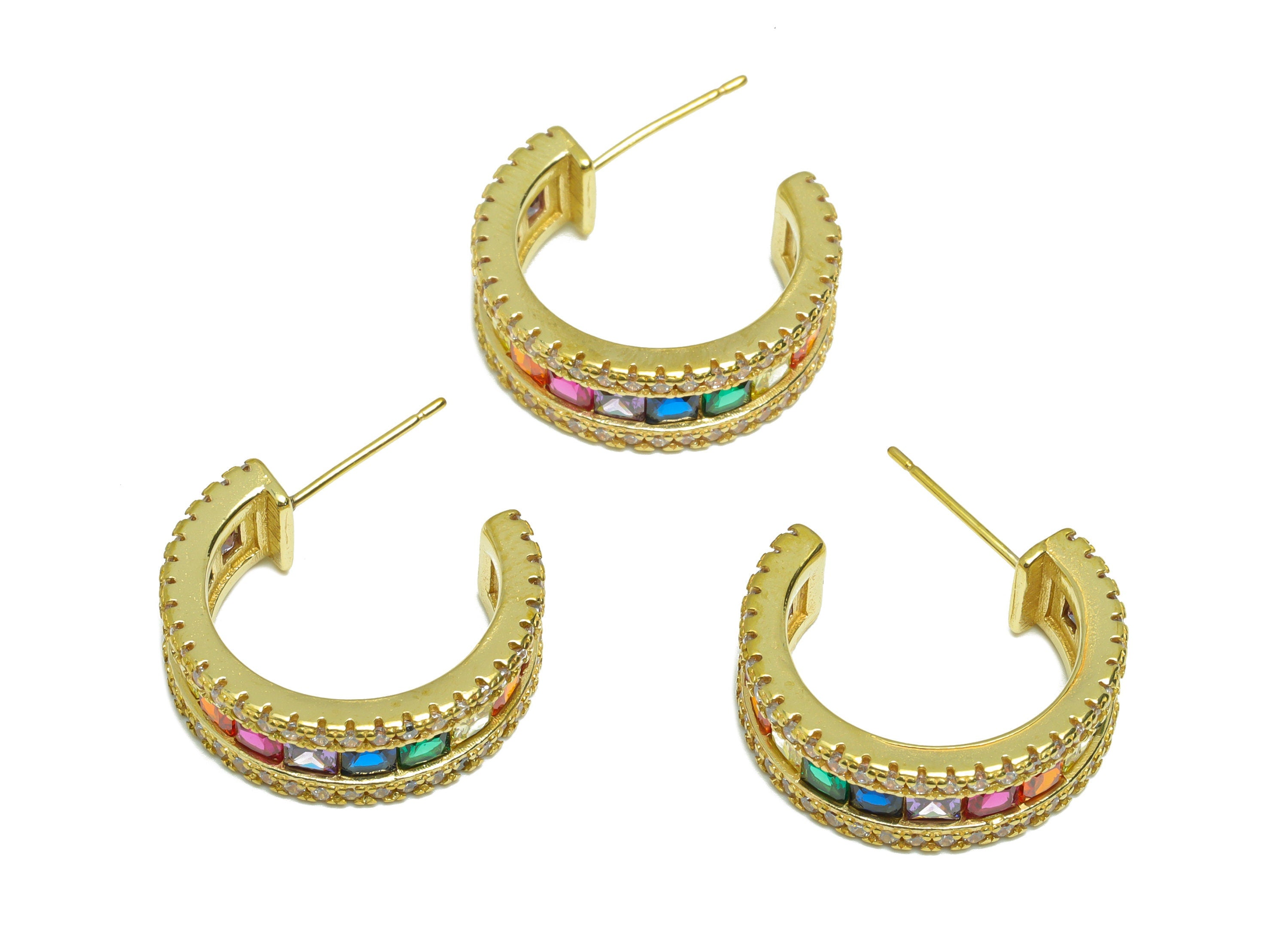Brass Rainbow C Hoop Earring Stud - Raw Brass Rainbow Open Hoop Zircon Earring Post - Thick Zircon Hoop Earring Post - 21x7x2mm -PP9324 - DOMEDBAZAAR