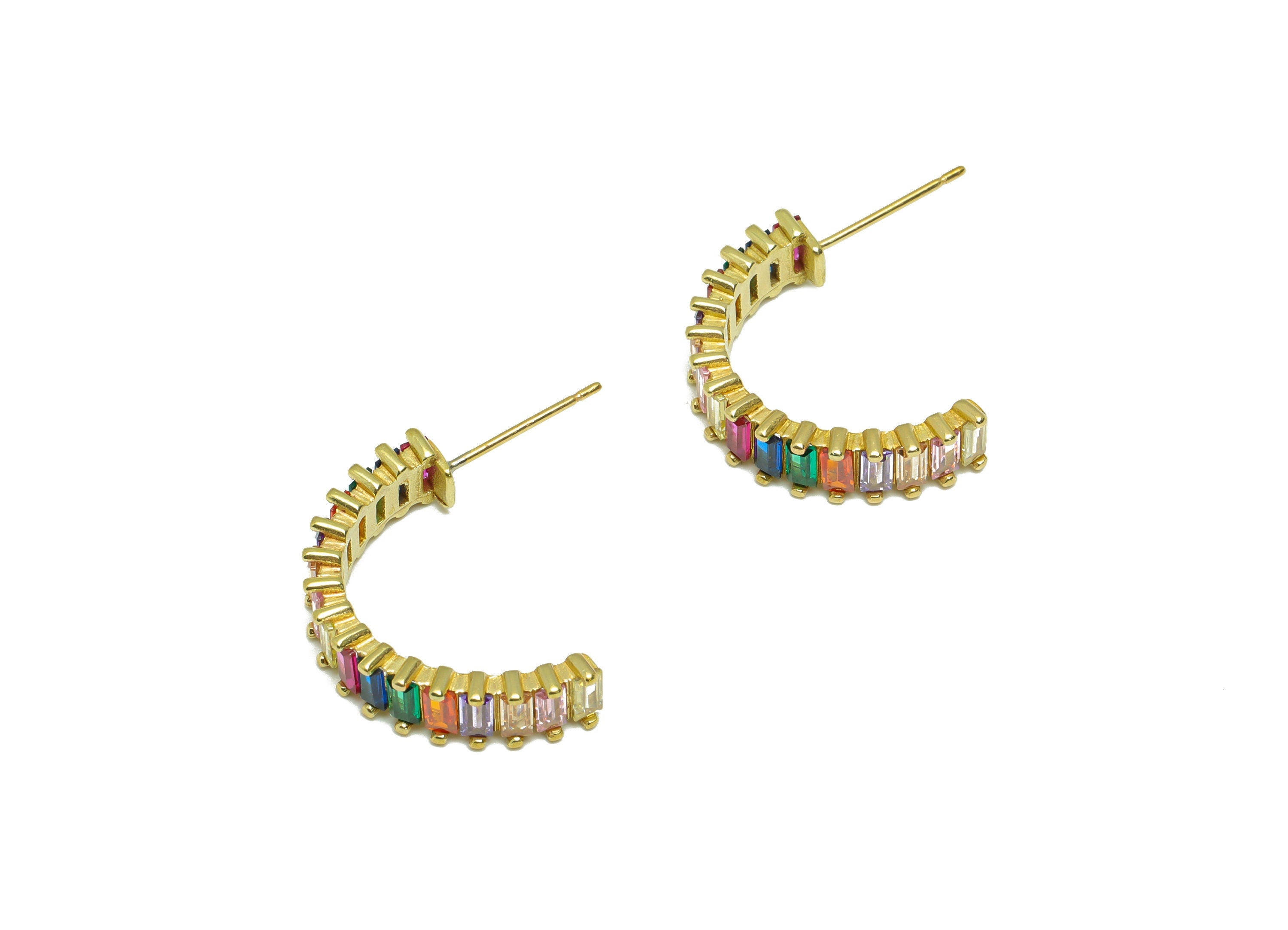 Rectangle CZ C Hoop Earring - Raw Brass Rainbow Open Hoop Zircon Earring Post - Thick Zircon Hoop Earring Post - 18.7x22x2mm -PP9335 - DOMEDBAZAAR