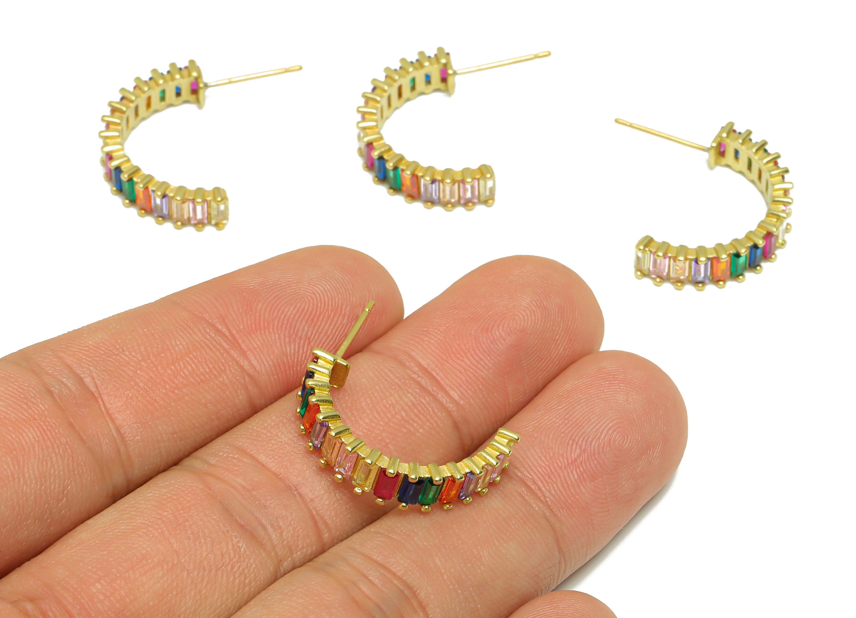 Rectangle CZ C Hoop Earring - Raw Brass Rainbow Open Hoop Zircon Earring Post - Thick Zircon Hoop Earring Post - 18.7x22x2mm -PP9335 - DOMEDBAZAAR