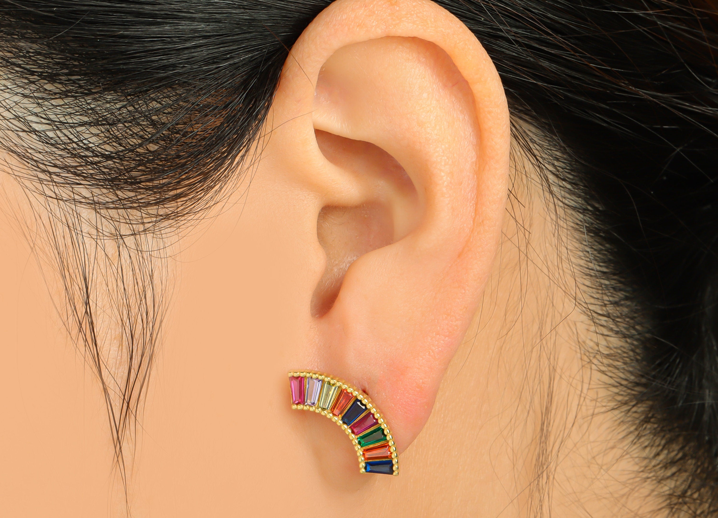 Rectangle CZ Curved Bar Earring - Raw Brass Rainbow Curved Stick Zircon Earring Post - Zircon Stick Earring Post - 14.61x20x2.4mm - PP9317 - DOMEDBAZAAR