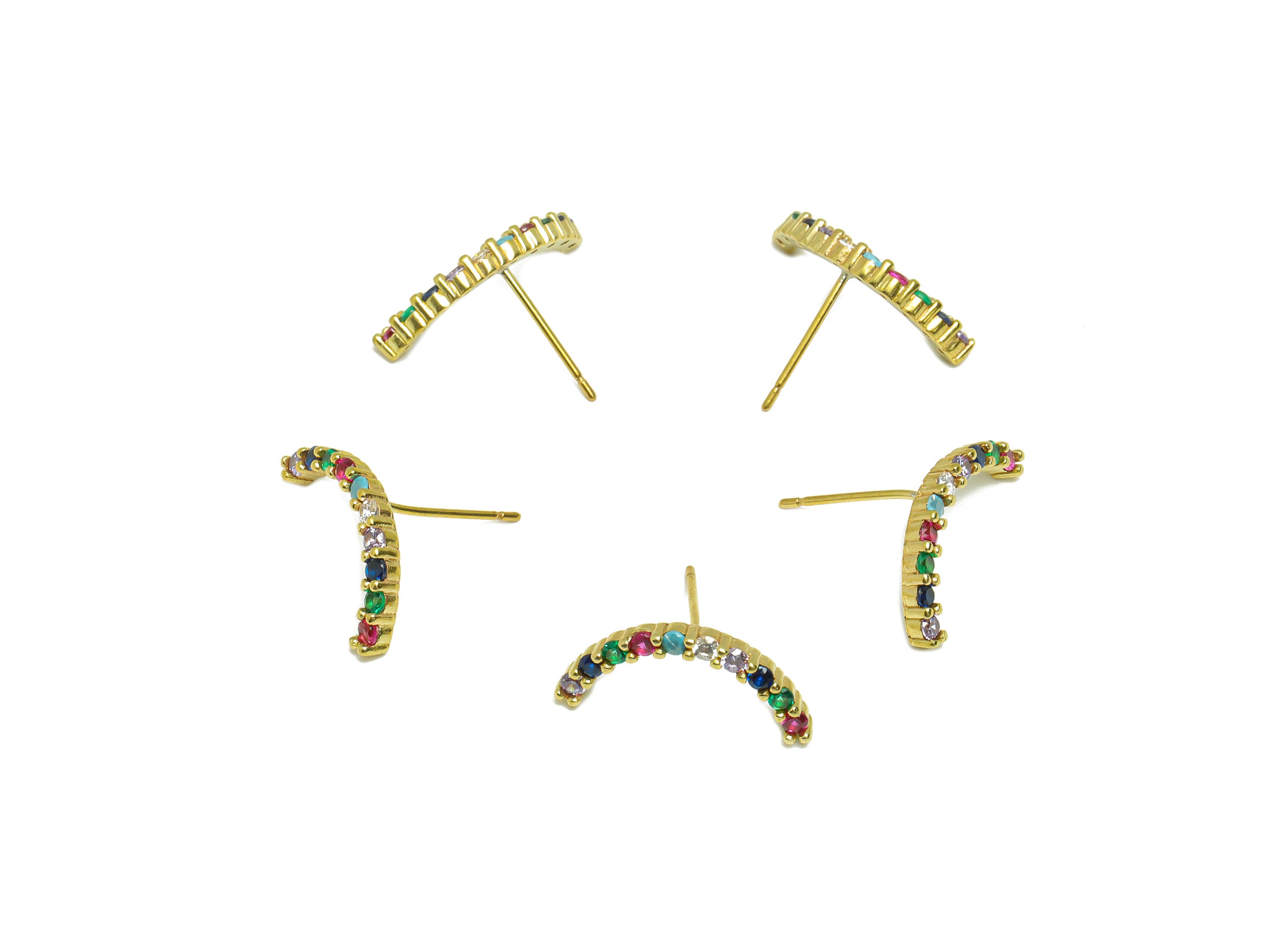 Brass CZ Curved Bar Earring - Raw Brass Rainbow Curved Wire Zircon Earring Post - Zircon Wire Earring Post - 14.45x19.39x2.48mm - PP9325 - DOMEDBAZAAR