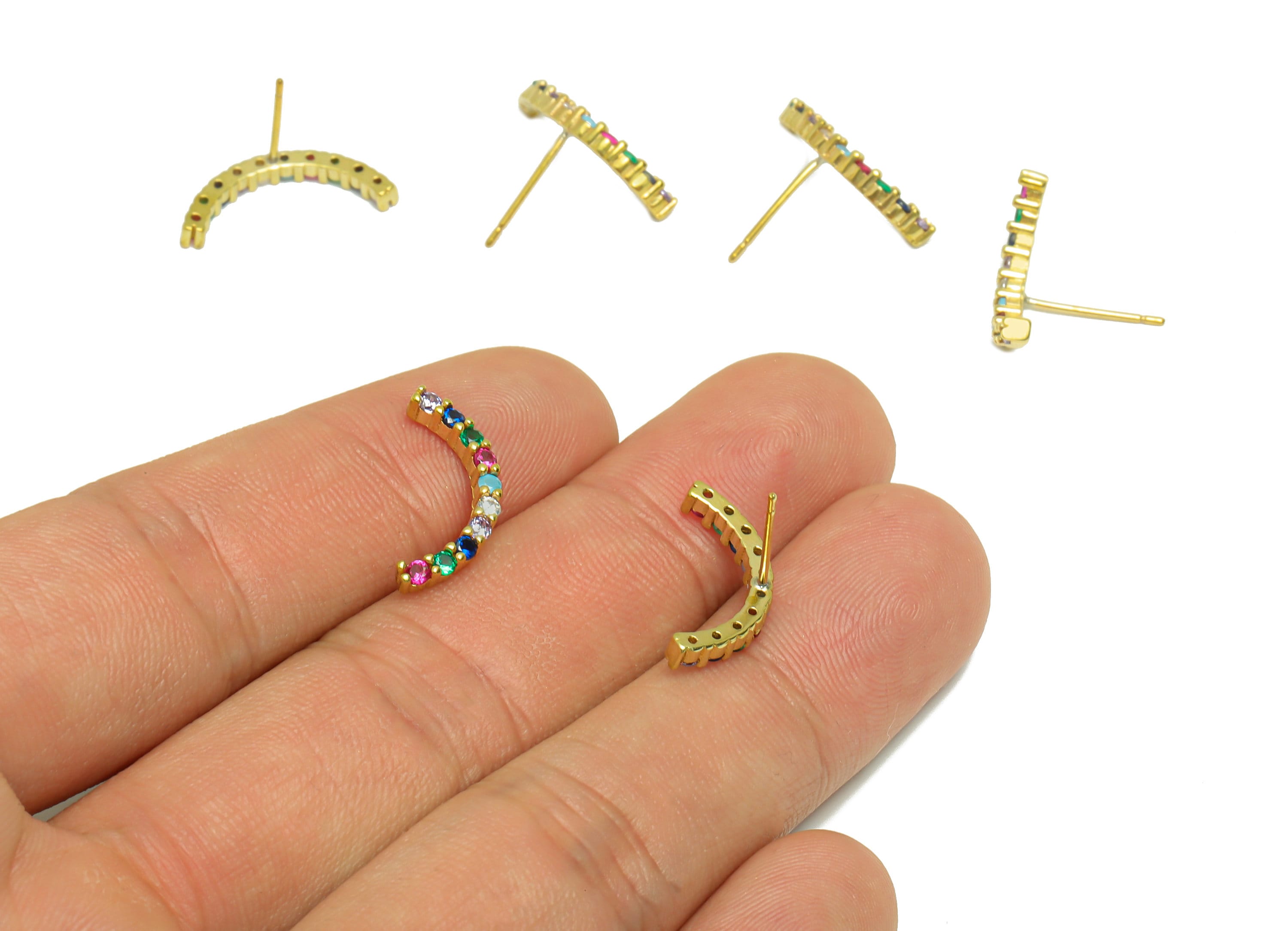 Brass CZ Curved Bar Earring - Raw Brass Rainbow Curved Wire Zircon Earring Post - Zircon Wire Earring Post - 14.45x19.39x2.48mm - PP9325 - DOMEDBAZAAR