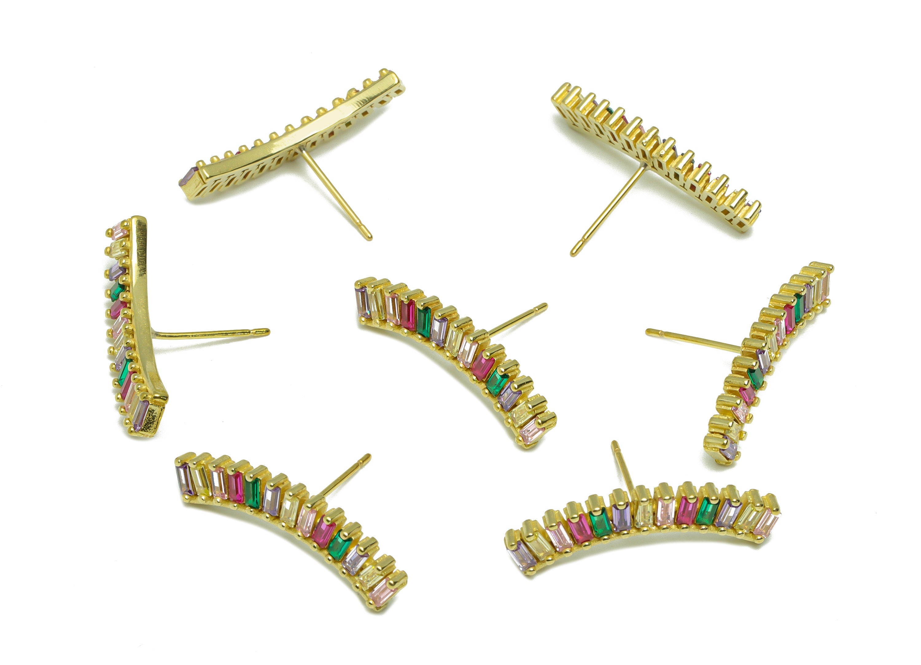 Rectangle CZ Curved Bar Earring - Raw Brass Rainbow Curved Stick Zircon Earring Post - Zircon Stick Earring Post - 16x25.12x2.47mm - PP9318 - DOMEDBAZAAR