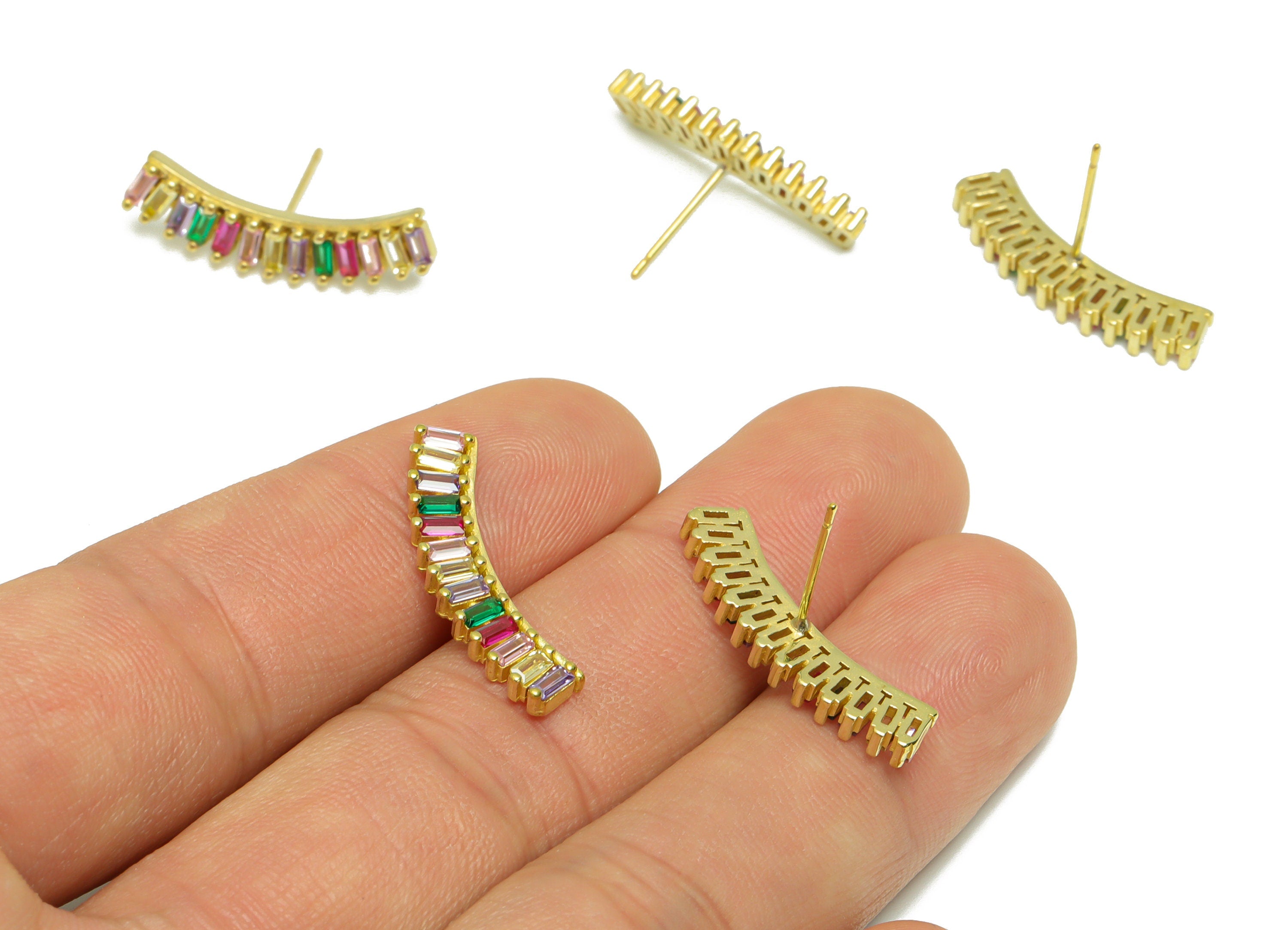 Rectangle CZ Curved Bar Earring - Raw Brass Rainbow Curved Stick Zircon Earring Post - Zircon Stick Earring Post - 16x25.12x2.47mm - PP9318 - DOMEDBAZAAR
