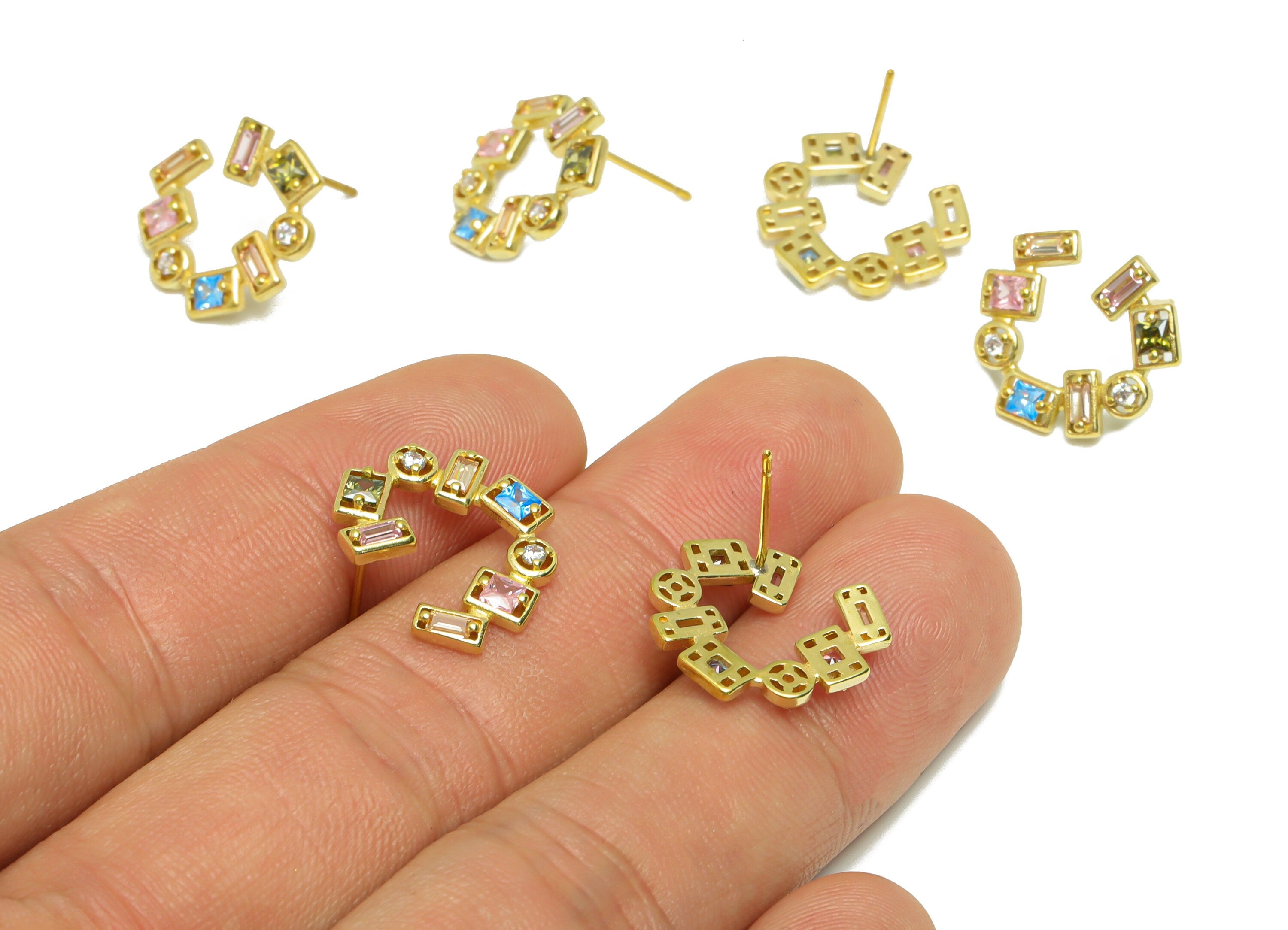 Brass CZ Geometric Rainbow Earring - Raw Brass Rainbow Open Hoop Zircon Earring Post - Geometry Zircon Hoop Earring Post - 14x16x2mm -PP9327 - DOMEDBAZAAR