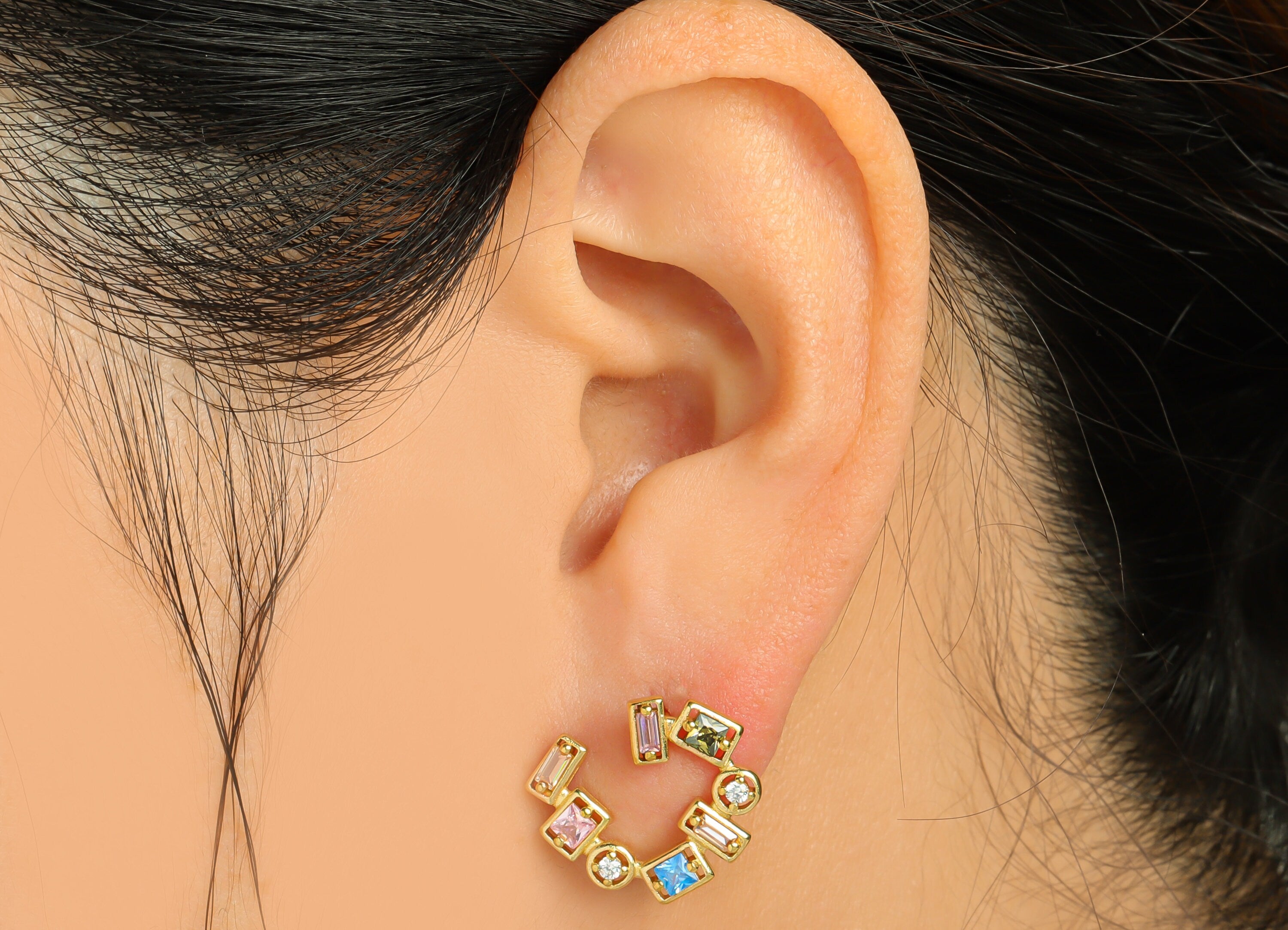 Brass CZ Geometric Rainbow Earring - Raw Brass Rainbow Open Hoop Zircon Earring Post - Geometry Zircon Hoop Earring Post - 14x16x2mm -PP9327 - DOMEDBAZAAR