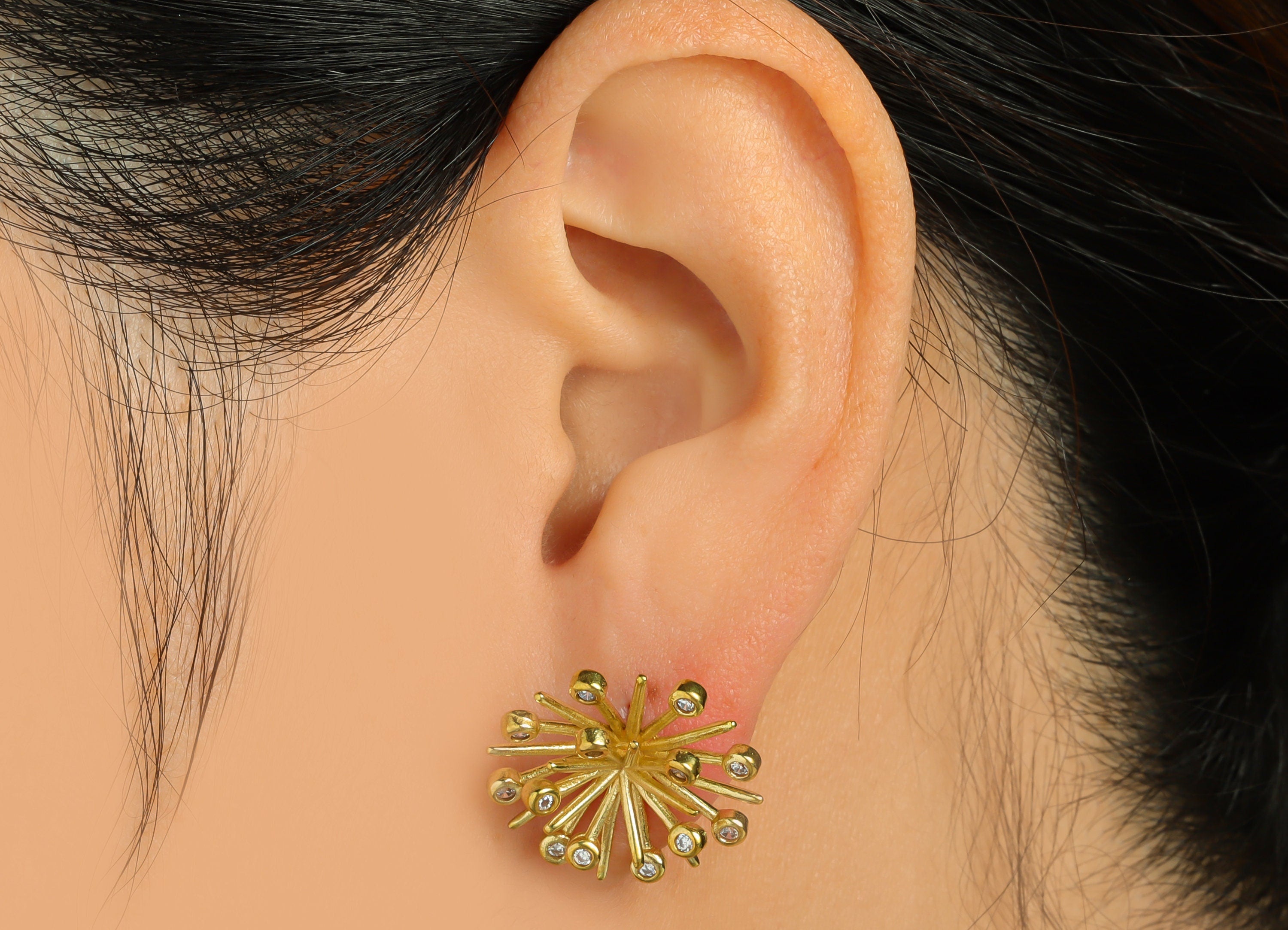 Brass CZ Flower Earring Stud - Raw Brass Dandelion Earring Post - Botanical Earring Post - Pistil Cubic Zircon Earring - 20x20x7mm - PP9309 - DOMEDBAZAAR
