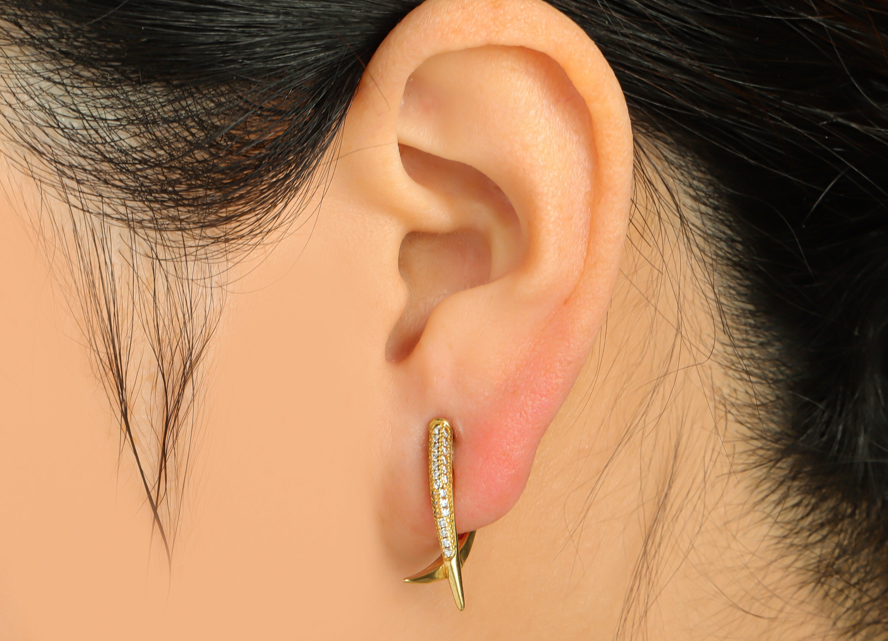 Brass Horn Jacket English Lock Earring - Raw Brass Zircon Lock Hoop Earring - CZ Lock Earring - Cross Zircon Earring - 22x12x3mm - PP9321 - DOMEDBAZAAR