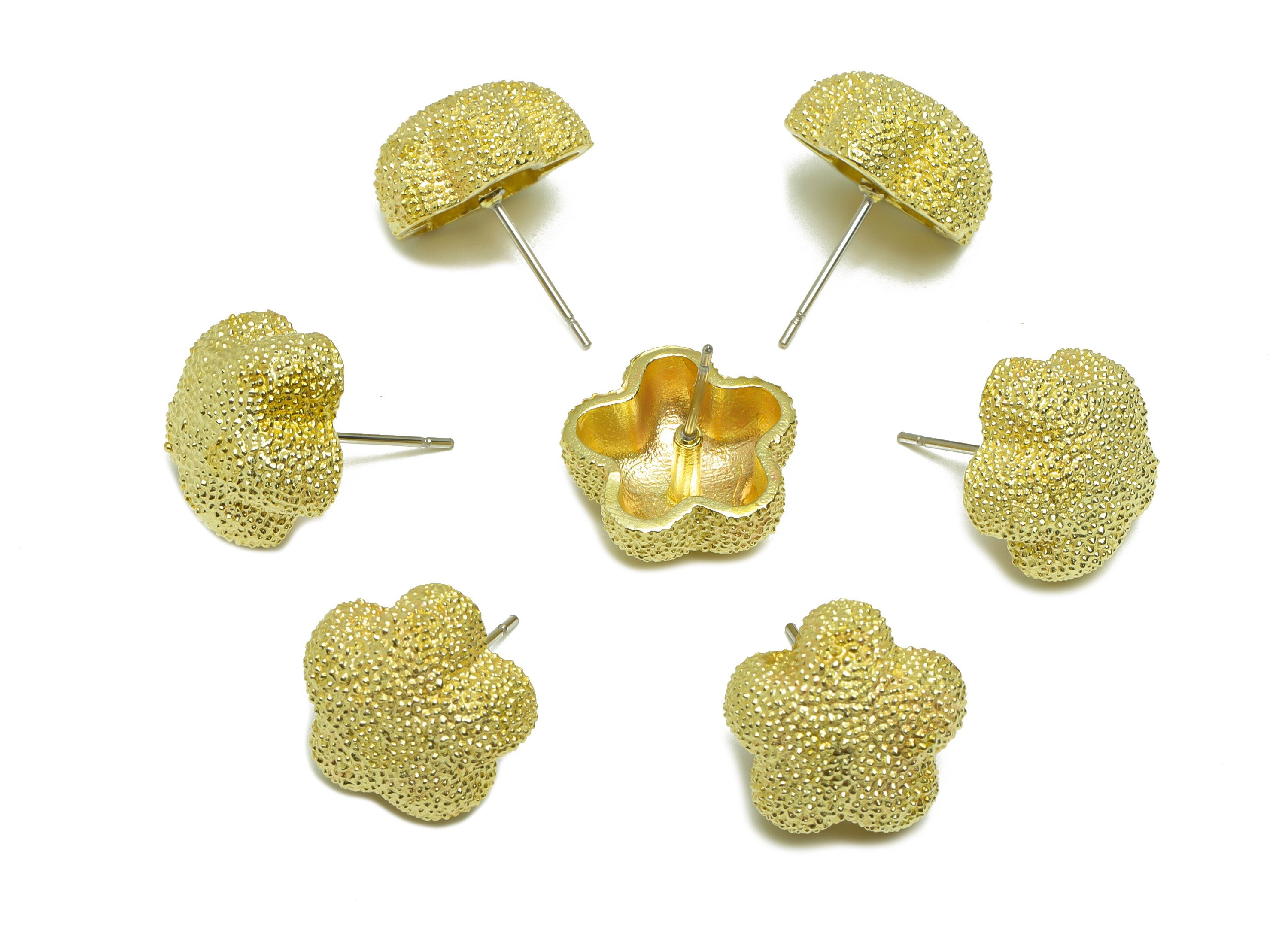 Brass Textured Flower Earring Stud - Raw Brass Frosted Flower Earring Post - Brass Cubic Flower Earring Post - 18.64x14.7x7.47mm - PP9217 - DOMEDBAZAAR