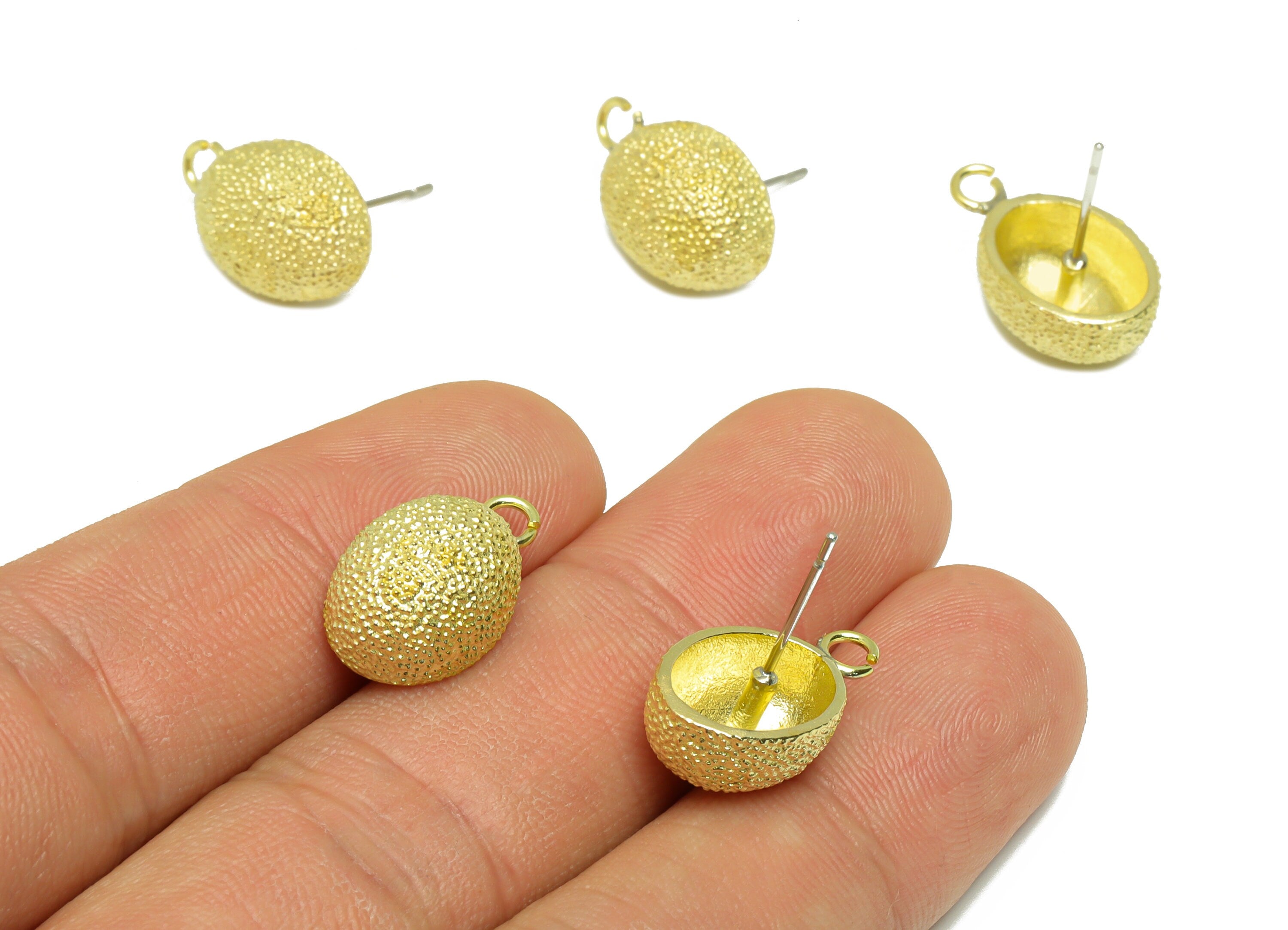 Brass Textured Oval Earring Stud - Raw Brass Frosted Oval Earring Post - Brass Cubic Oval Earring Post With Loop - 18x10.71x7.47mm-PP9210 - DOMEDBAZAAR