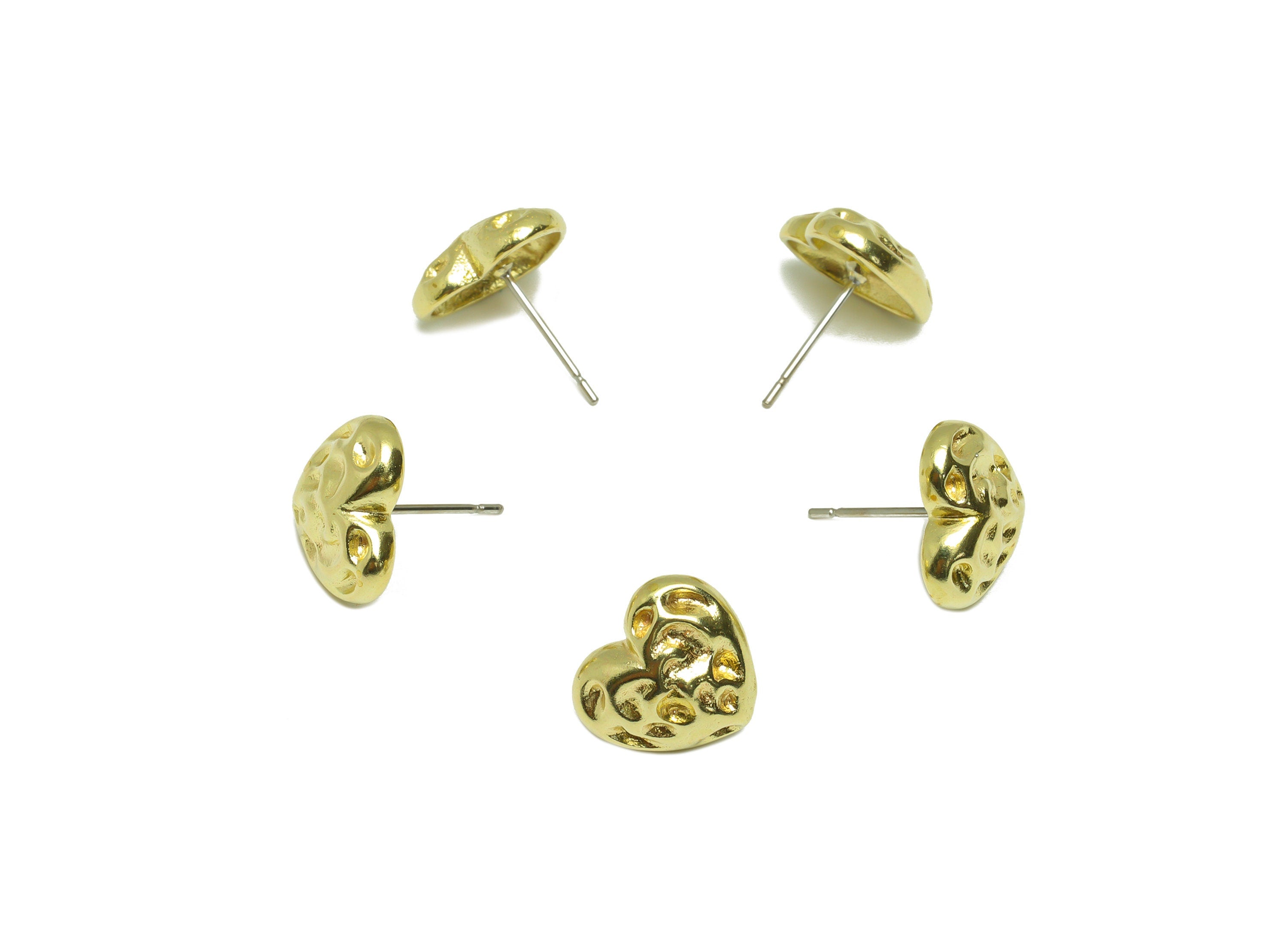 Brass Hammered Heart Earring Stud - Raw Brass Textured Heart Earring Post - Brass Cubic Heart Earring Post - 15x11.15x12.75mm - PP9207 - DOMEDBAZAAR