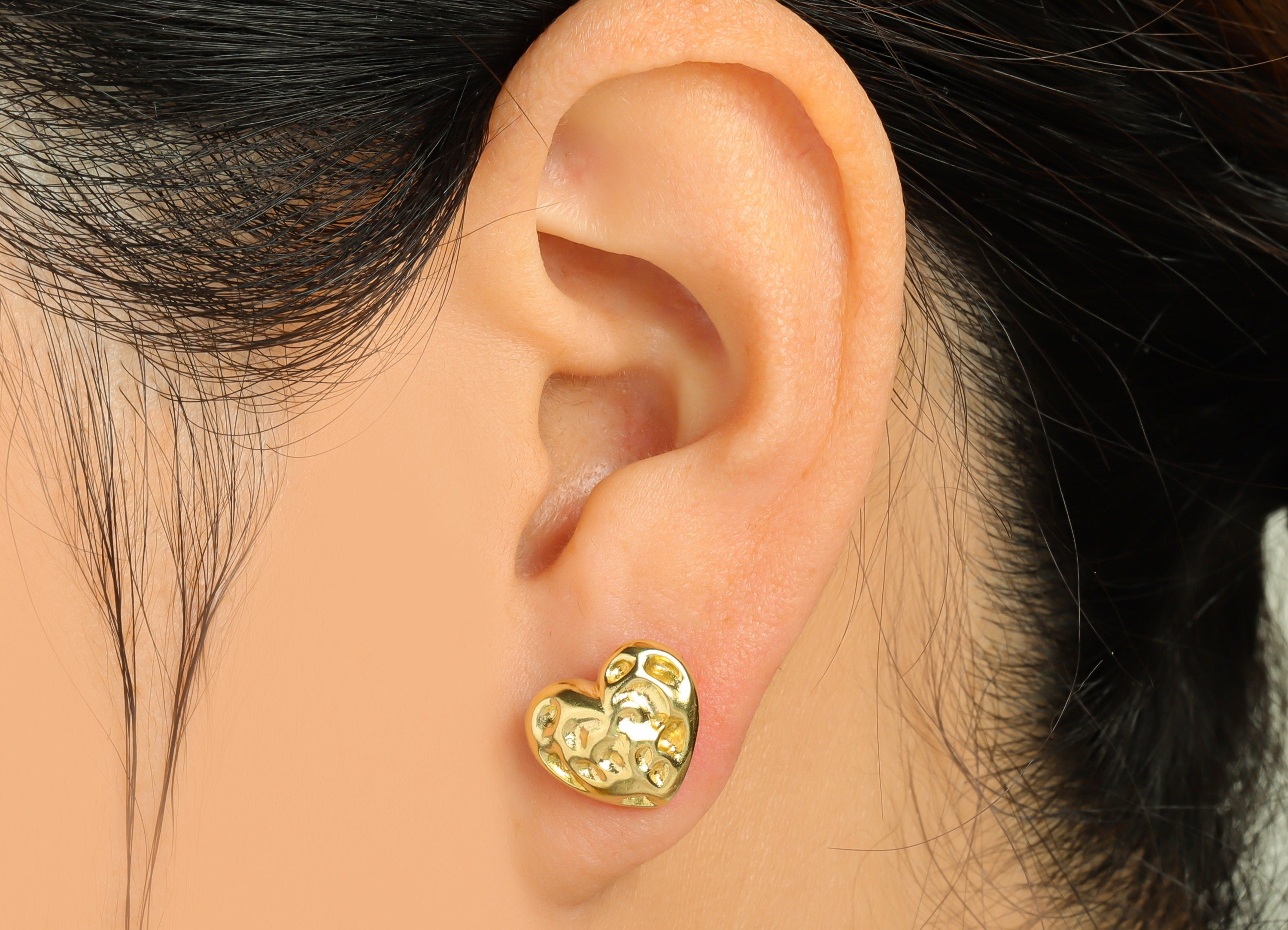 Brass Hammered Heart Earring Stud - Raw Brass Textured Heart Earring Post - Brass Cubic Heart Earring Post - 15x11.15x12.75mm - PP9207 - DOMEDBAZAAR