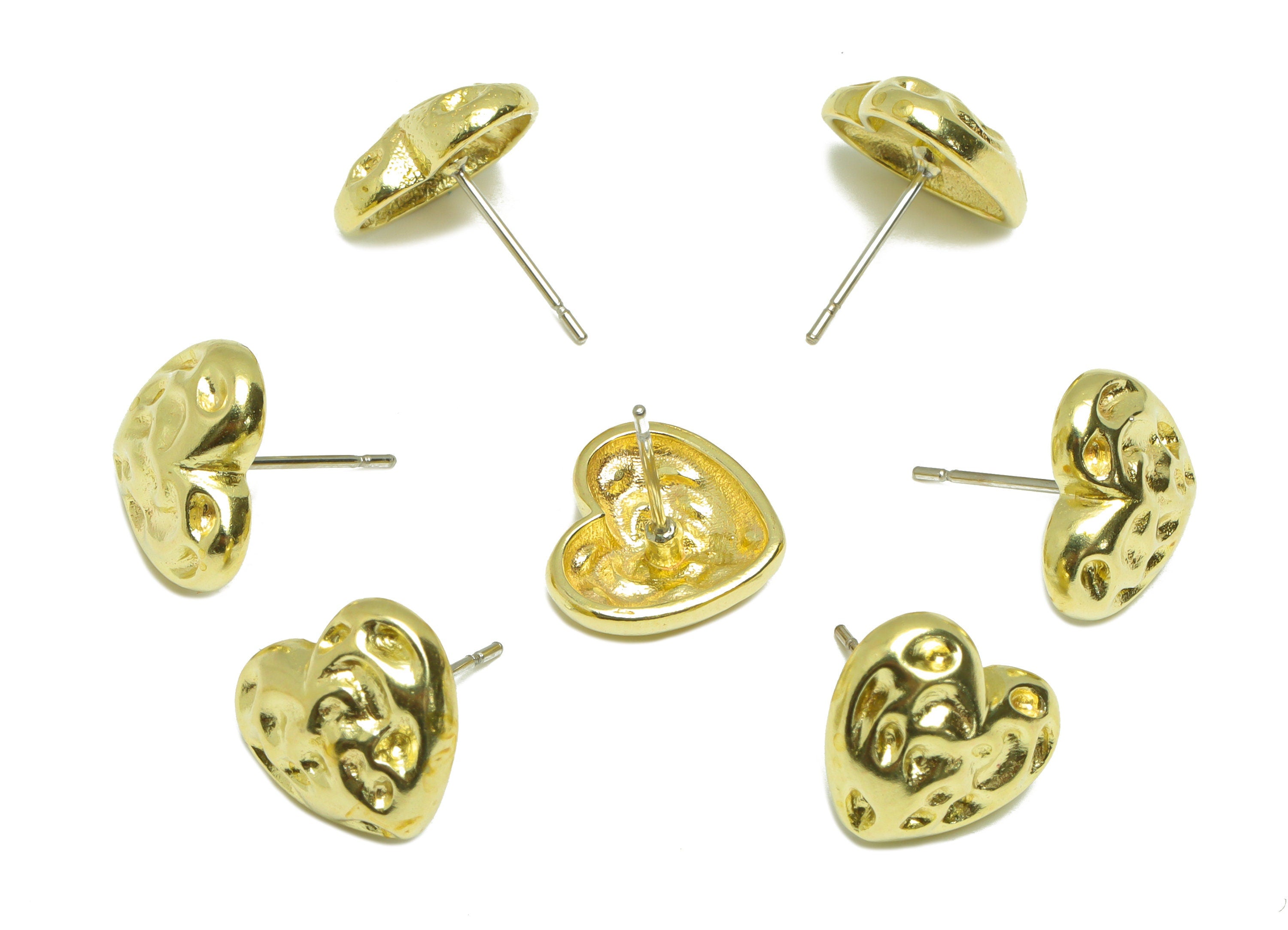 Brass Hammered Heart Earring Stud - Raw Brass Textured Heart Earring Post - Brass Cubic Heart Earring Post - 15x11.15x12.75mm - PP9207 - DOMEDBAZAAR
