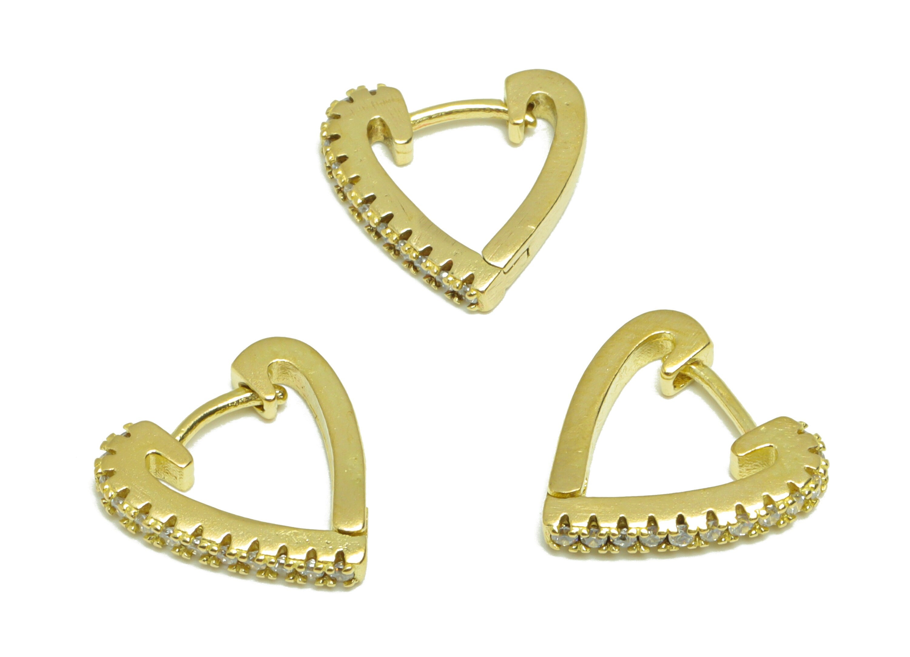 Brass CZ Heart Huggie Hoop - Raw Brass Heart Earring Clasp - Brass Zircon Hoop Clasp Earring - Brass Hoop Earring - 13.58x12.7x2mm - PP9177 - DOMEDBAZAAR