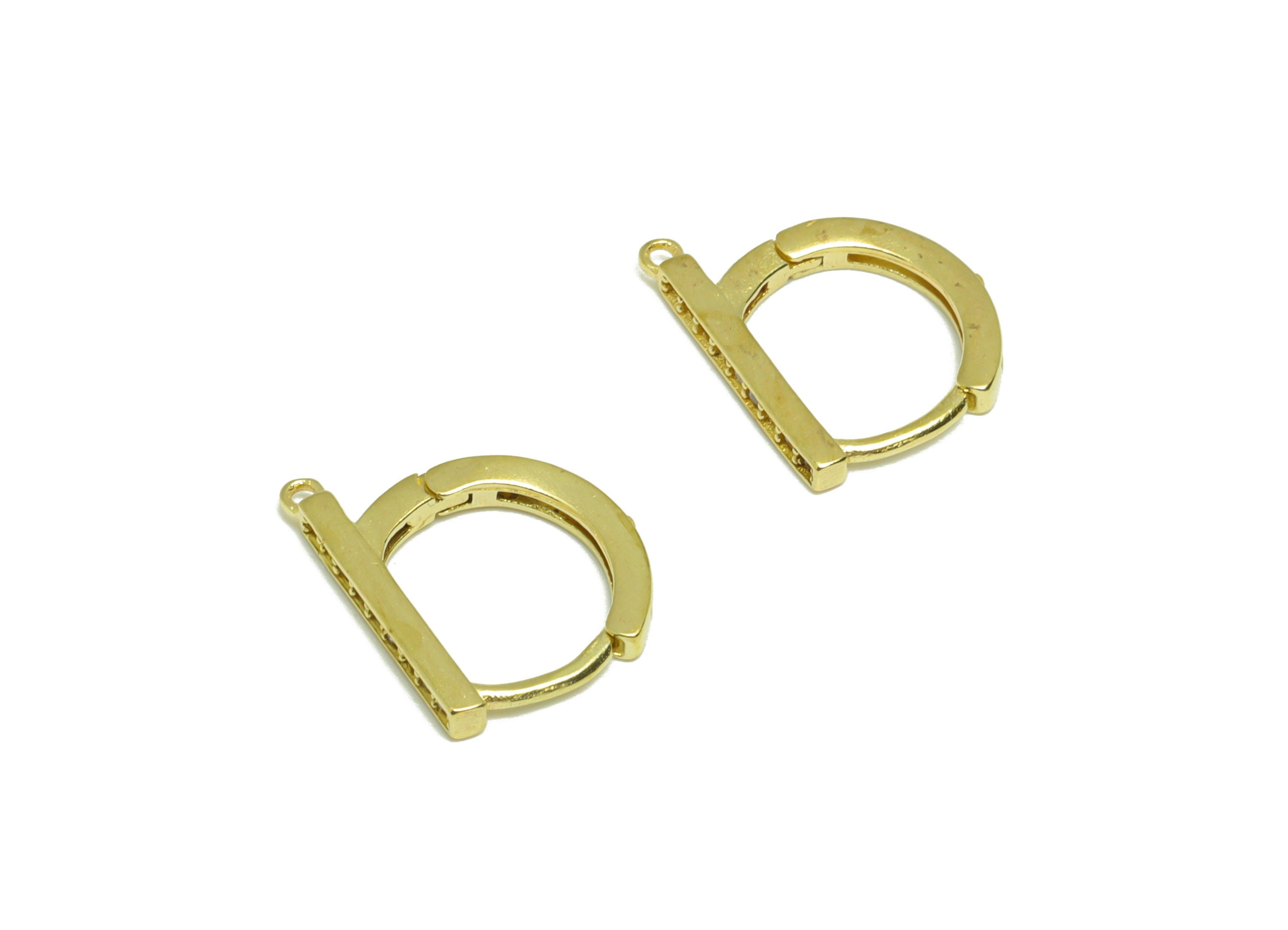 Brass CZ D Huggie Hoop - Raw Brass D Earring Clasp - Brass Zircon Hoop Clasp Earring - Brass Rectangle Bar Hoop Earring - 12x10x1mm - PP9185 - DOMEDBAZAAR