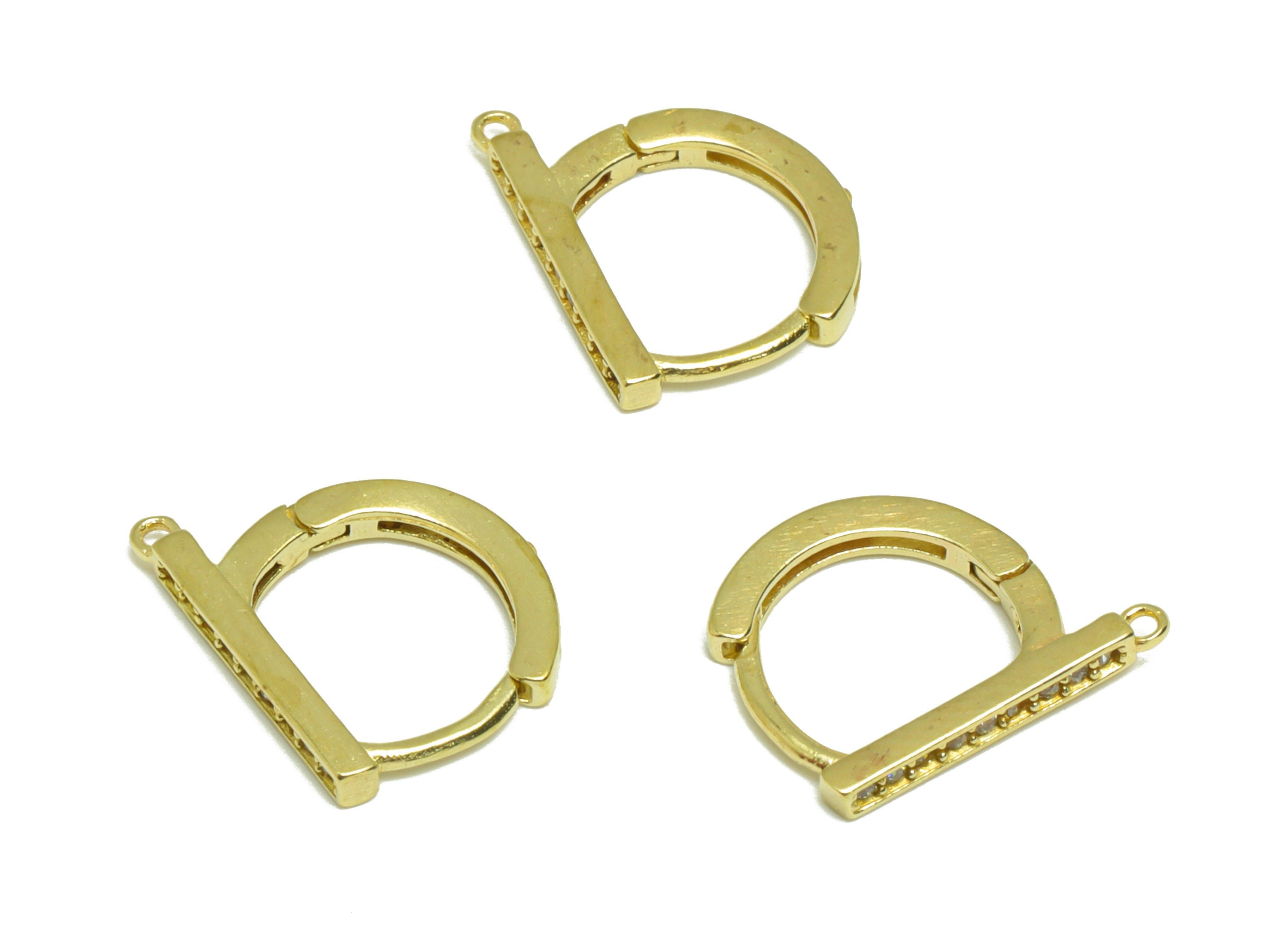 Brass CZ D Huggie Hoop - Raw Brass D Earring Clasp - Brass Zircon Hoop Clasp Earring - Brass Rectangle Bar Hoop Earring - 12x10x1mm - PP9185 - DOMEDBAZAAR
