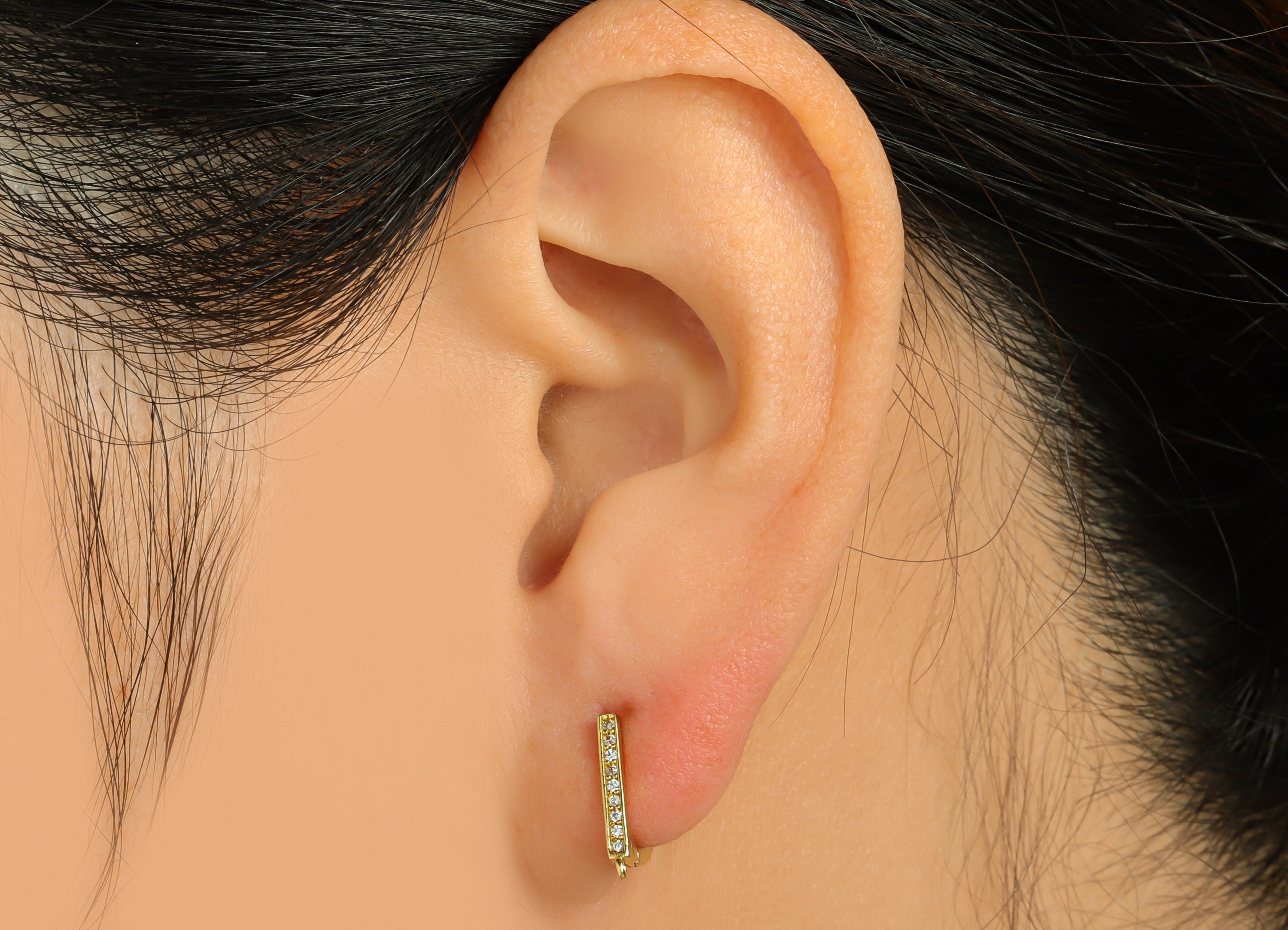 Brass CZ D Huggie Hoop - Raw Brass D Earring Clasp - Brass Zircon Hoop Clasp Earring - Brass Rectangle Bar Hoop Earring - 12x10x1mm - PP9185 - DOMEDBAZAAR