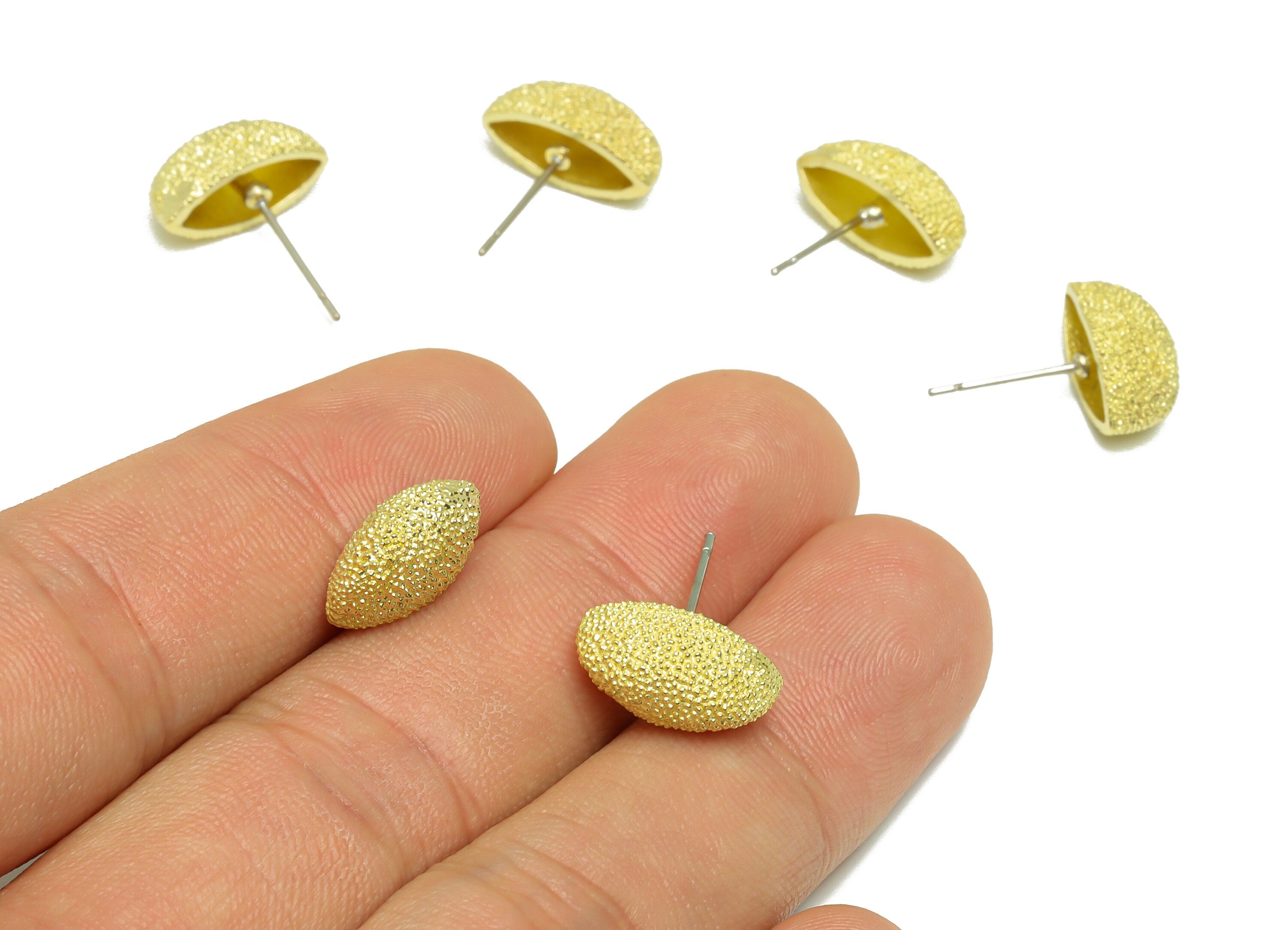 Brass Textured Oval Earring Stud - Raw Brass Frosted Oval Earring Post - Brass Cubic Oval Earring Post - 19x6.94x6.78mm - PP9215 - DOMEDBAZAAR