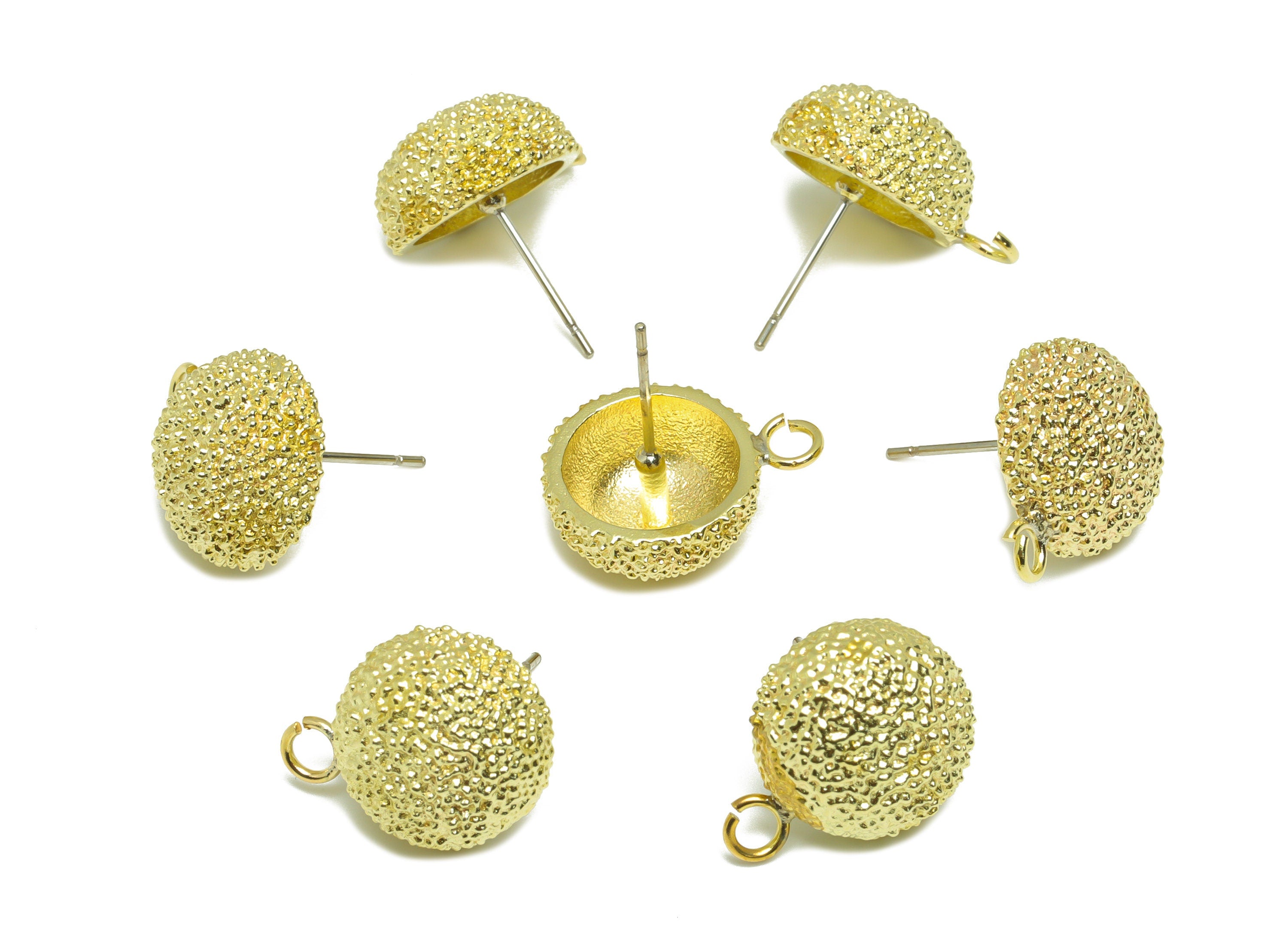 Brass Textured Round Earring Stud - Raw Brass Frosted Circle Earring Post - Brass Cubic Circle Earring Post with Loop - 18x17x13mm - PP9199 - DOMEDBAZAAR