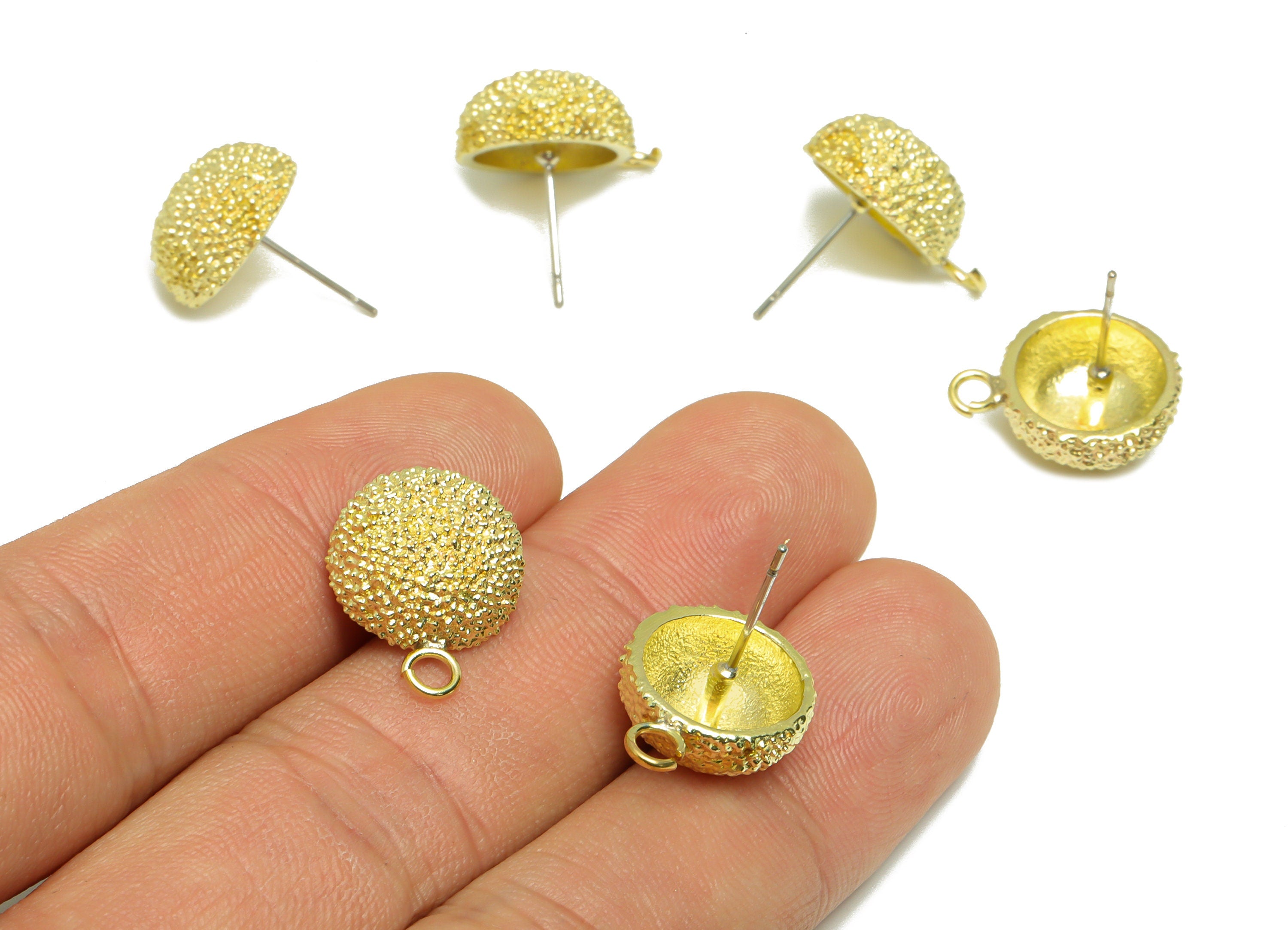 Brass Textured Round Earring Stud - Raw Brass Frosted Circle Earring Post - Brass Cubic Circle Earring Post with Loop - 18x17x13mm - PP9199 - DOMEDBAZAAR