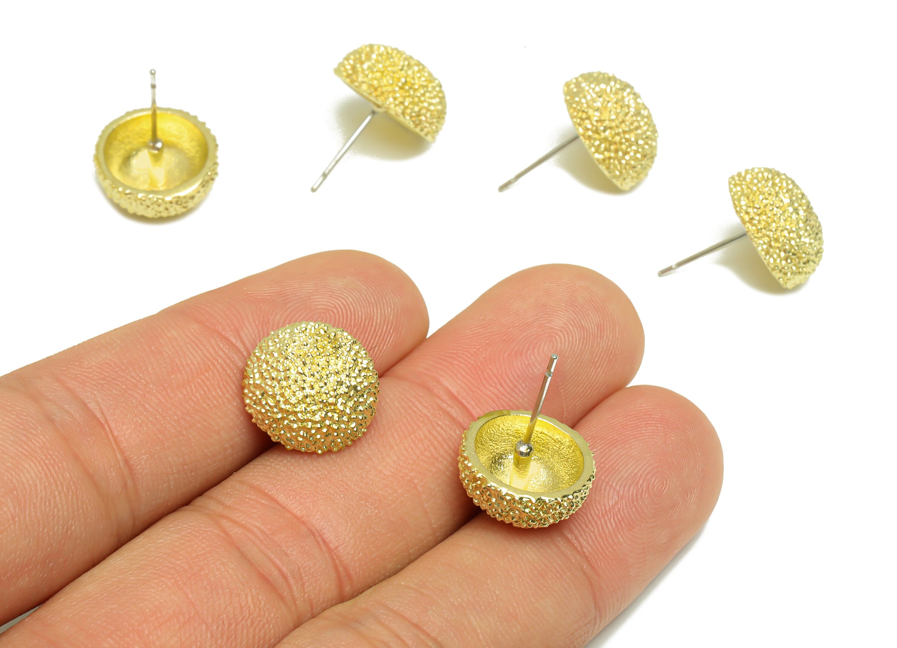 Brass Textured Round Earring Stud - Raw Brass Frosted Circle Earring Post - Brass Cubic Circle Earring Post - 18.34x13.53x7.06mm - PP9181 - DOMEDBAZAAR