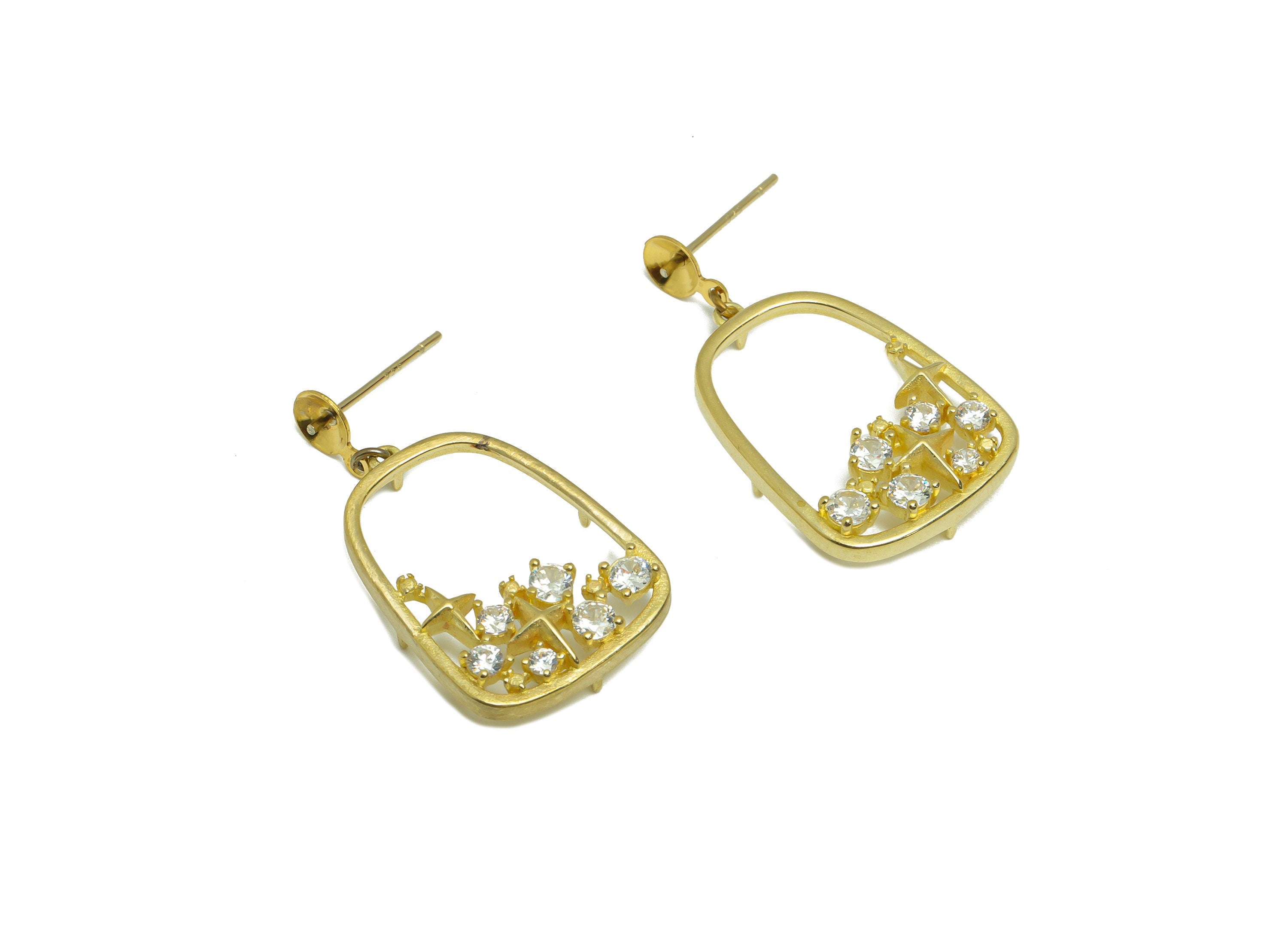 Brass Domed CZ Dangle Earring - Raw Brass Cubic Zircon Star Post - Star Earring Post For Pearl - Hanging Earring Post - 24x17x1mm - PP9284 - DOMEDBAZAAR