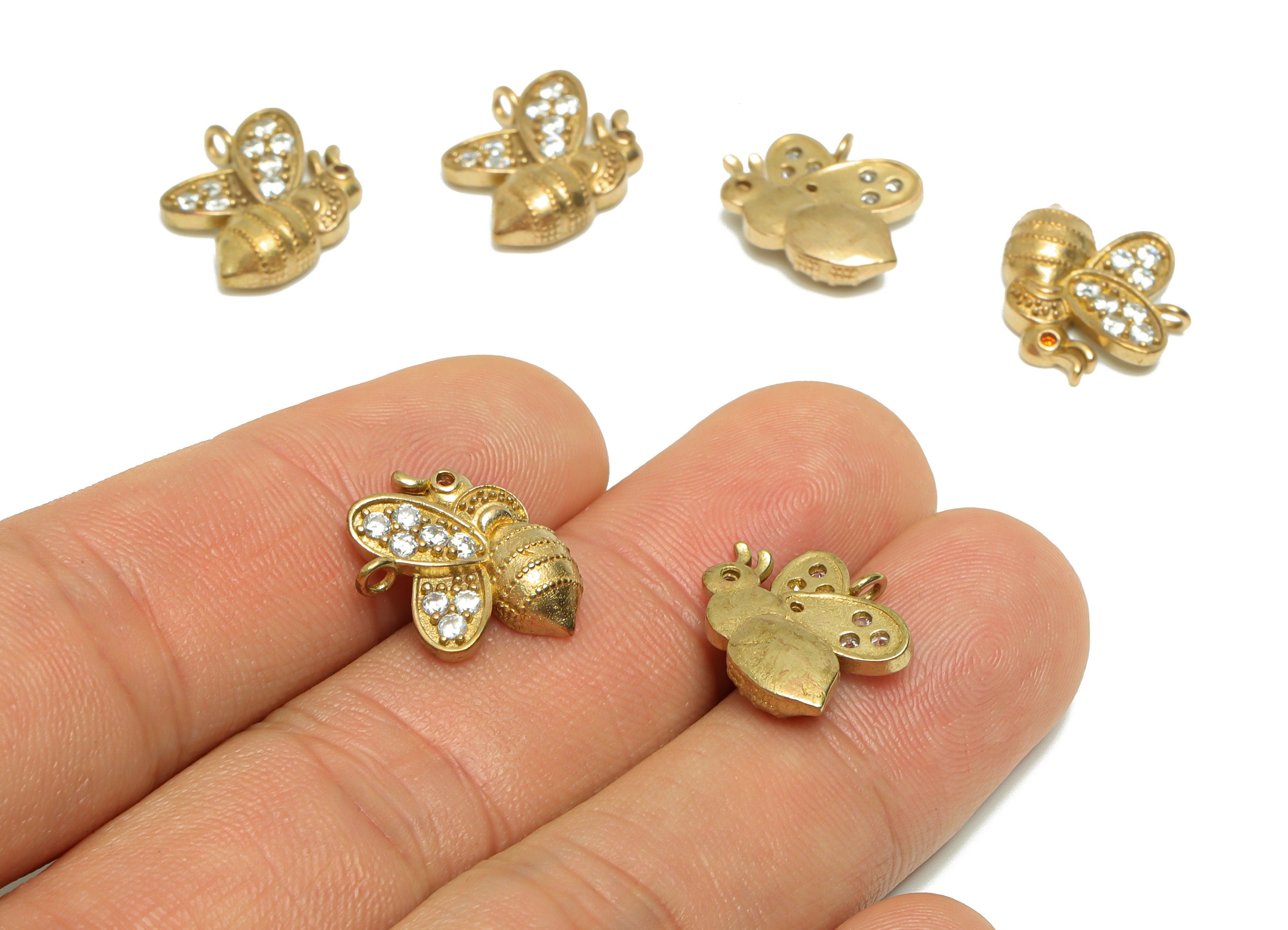 Brass CZ Bee Earring Charm - Raw Brass Insect Zircon Earring Charm - Textured Bee Zircon Pendant - Bee Figure Charm - 16.2x13x4mm - PP9277 - DOMEDBAZAAR