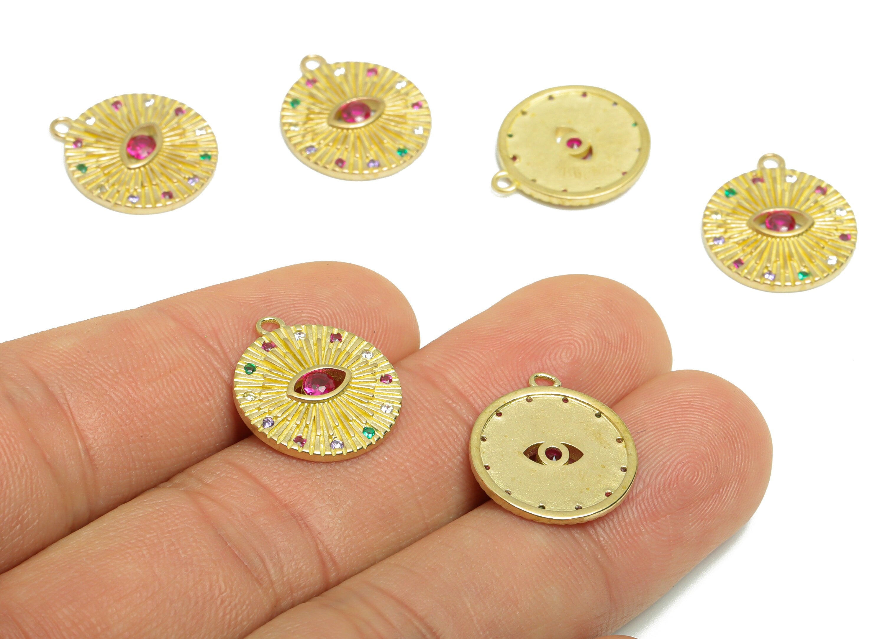 Brass CZ Round Earring Charm - Raw Brass Cubic Zircon Eye Earring Charm - Brass Textured Pendant - Pink Zircon Charm - 17.9x15x1mm - PP9301 - DOMEDBAZAAR