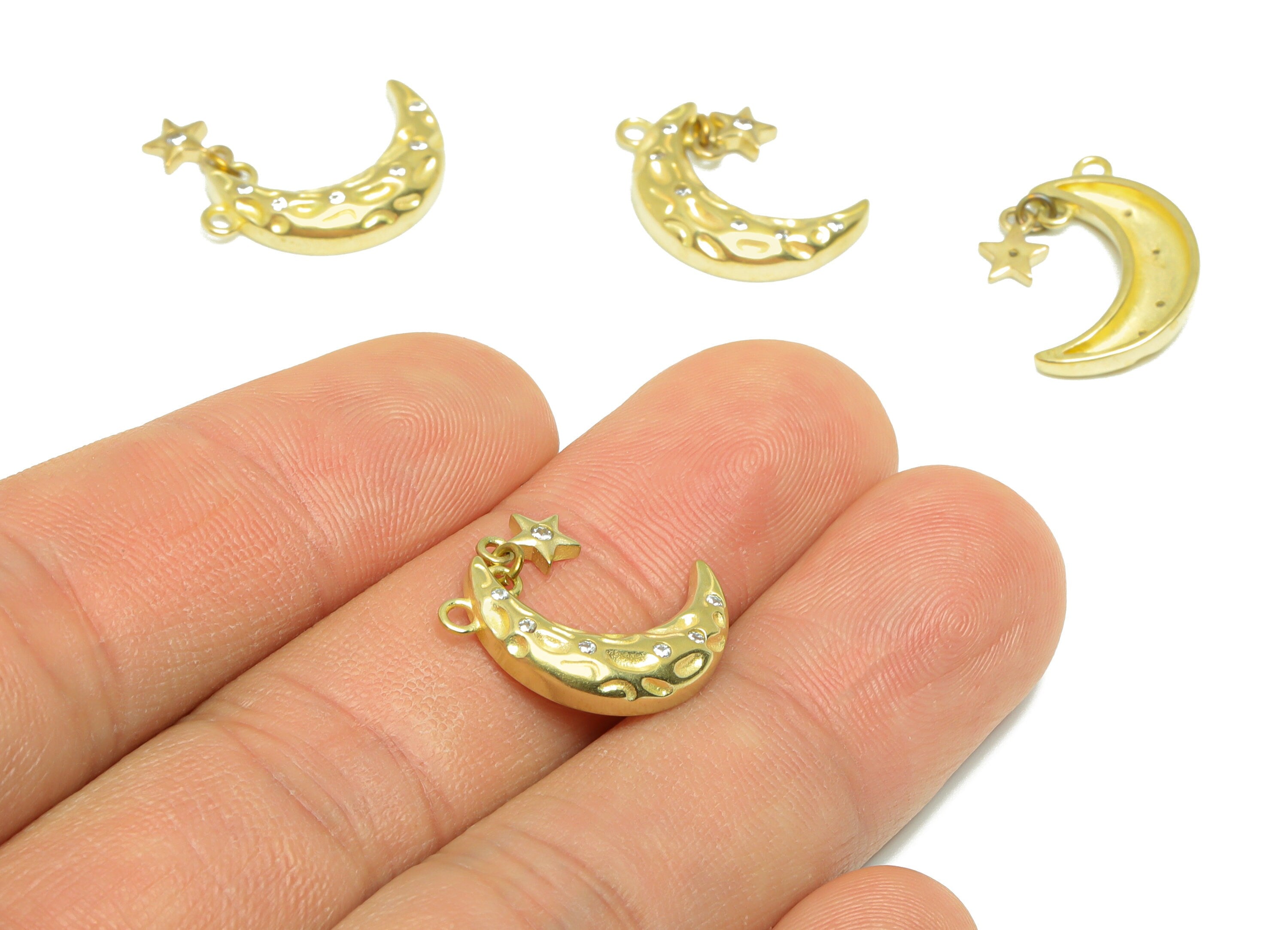 Brass CZ Crescent Earring Charm - Raw Brass Cubic Zircon Star Earring Charm - Brass Zircon Textured Moon Pendant - 19x11.62x2.83mm - PP9307 - DOMEDBAZAAR