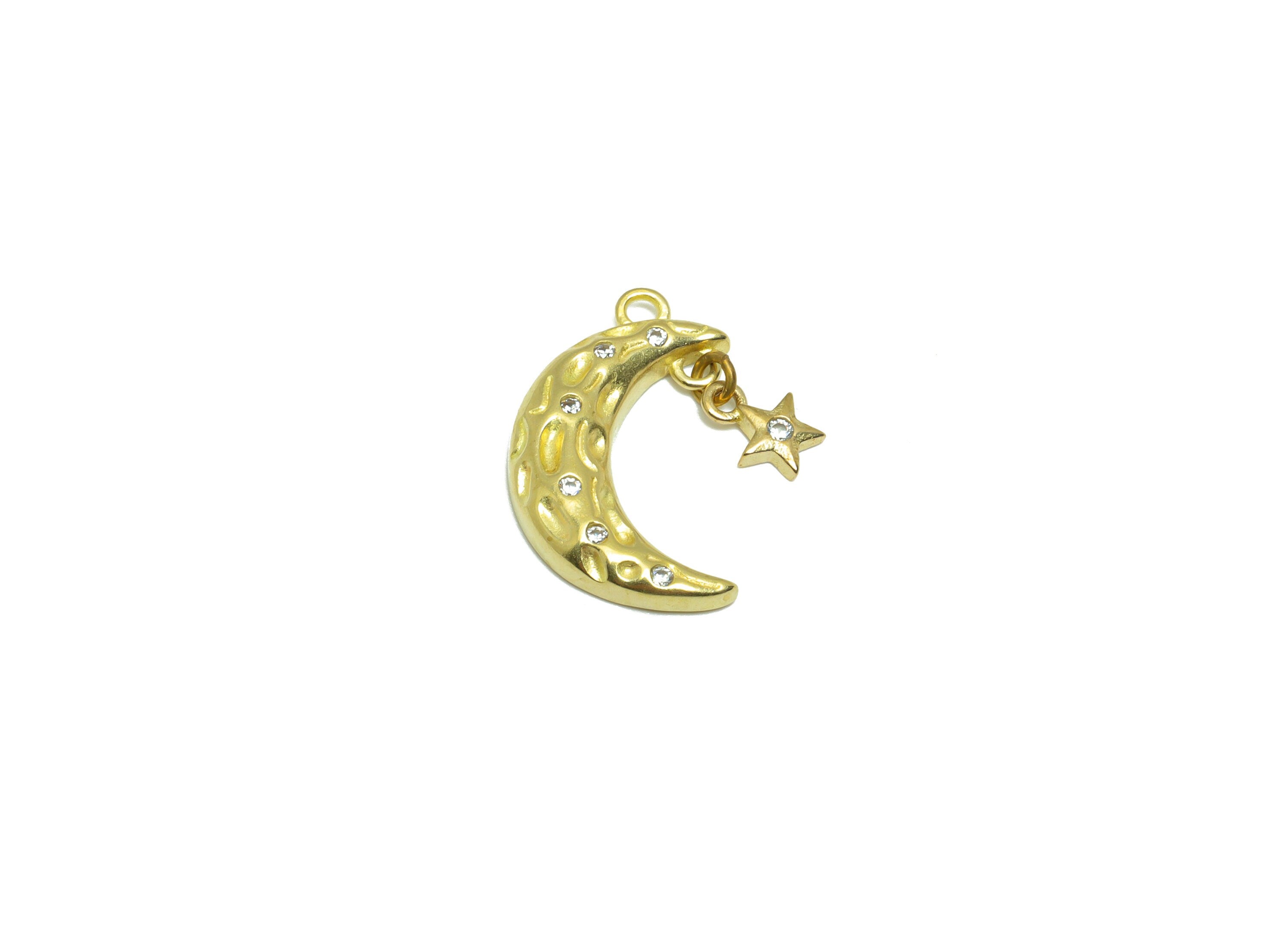 Brass CZ Crescent Earring Charm - Raw Brass Cubic Zircon Star Earring Charm - Brass Zircon Textured Moon Pendant - 19x11.62x2.83mm - PP9307 - DOMEDBAZAAR