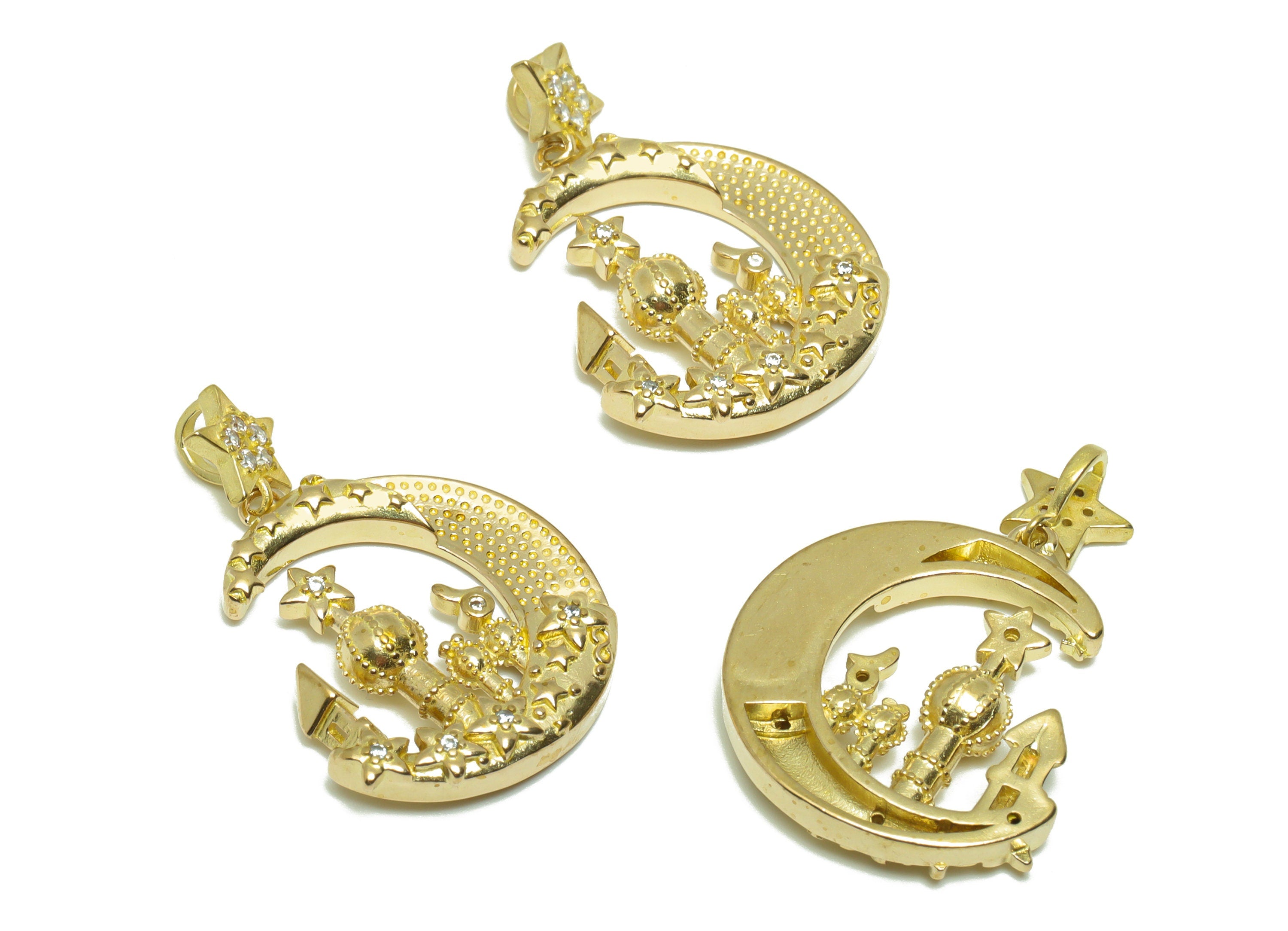 Brass CZ Crescent Pendant - Raw Brass Star Zircon Palace Earring Charm - Brass Zircon Textured Moon Pendant - 21x29.5x3.51mm - PP9306 - DOMEDBAZAAR