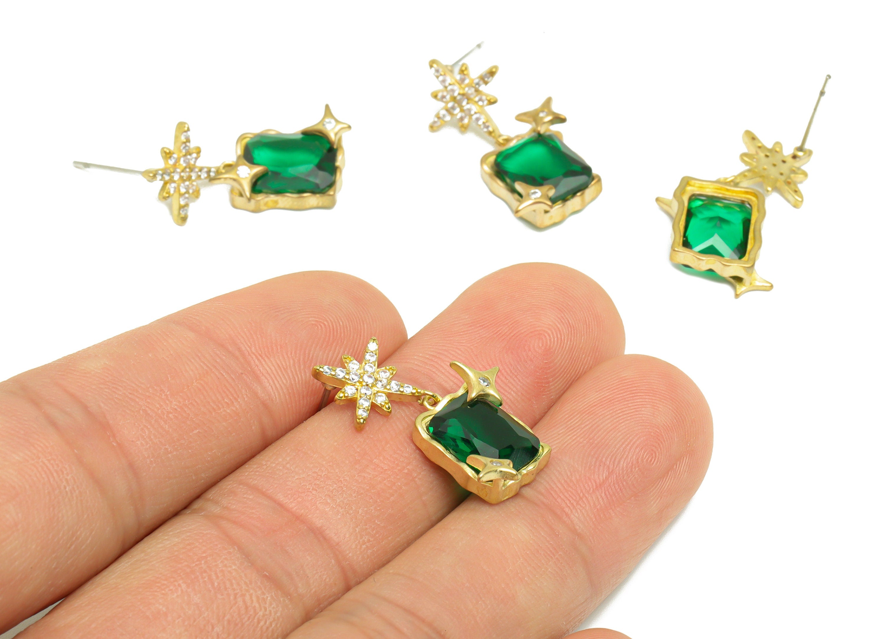 Brass CZ Rectangle Dnagle Earring Post - Brass Zircon Star Vintage Frame Looking Earring Stud - Antique Looking Post - 25x12x5mm -PP9605 - DOMEDBAZAAR