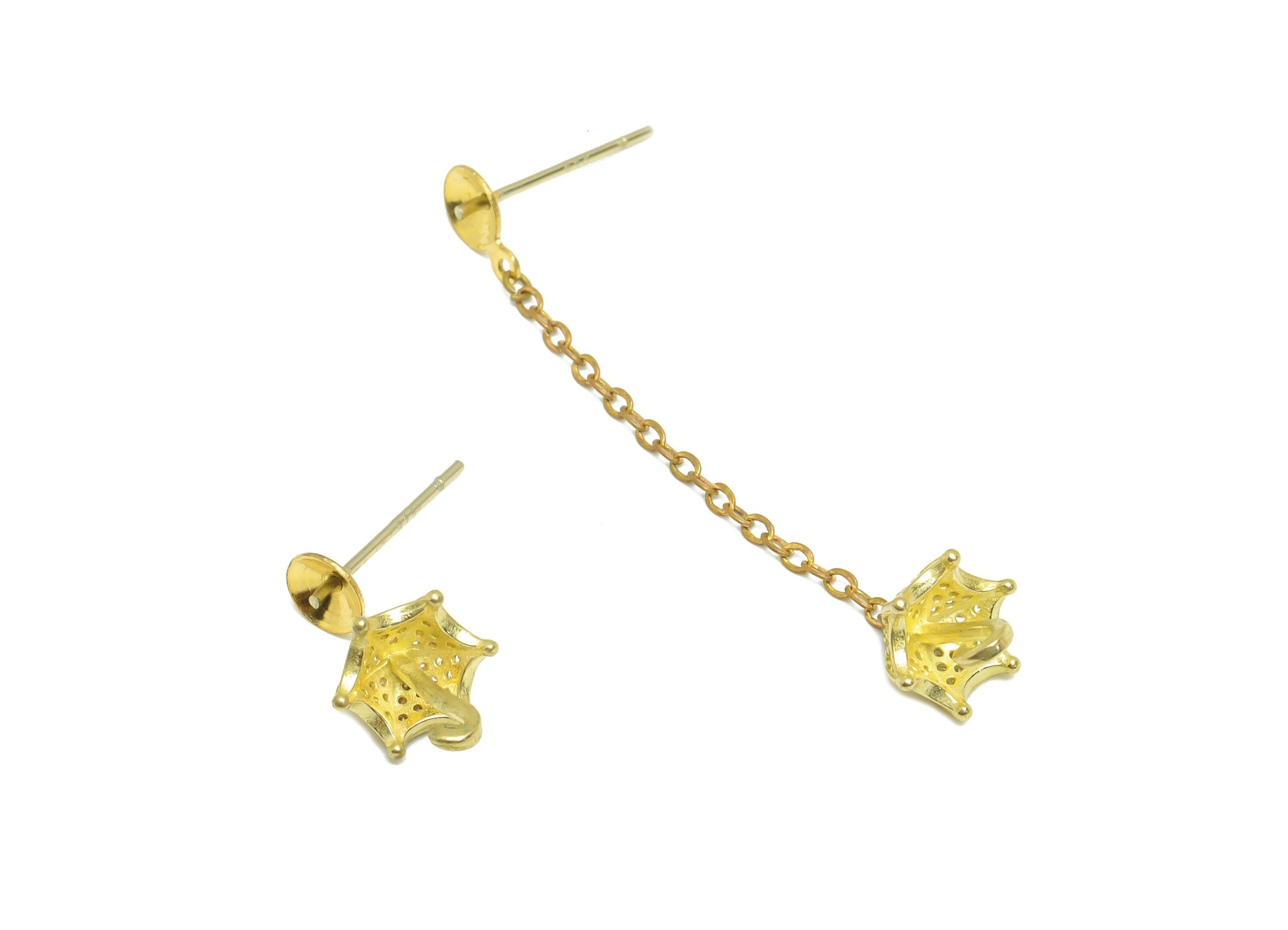 Brass CZ Umbrella Earring Post - Brass Zircon Earring Stud Pearl Setting - Brass Chain Dangle Earring Stud - 42x8.03x8.18mm - PP9604 - DOMEDBAZAAR