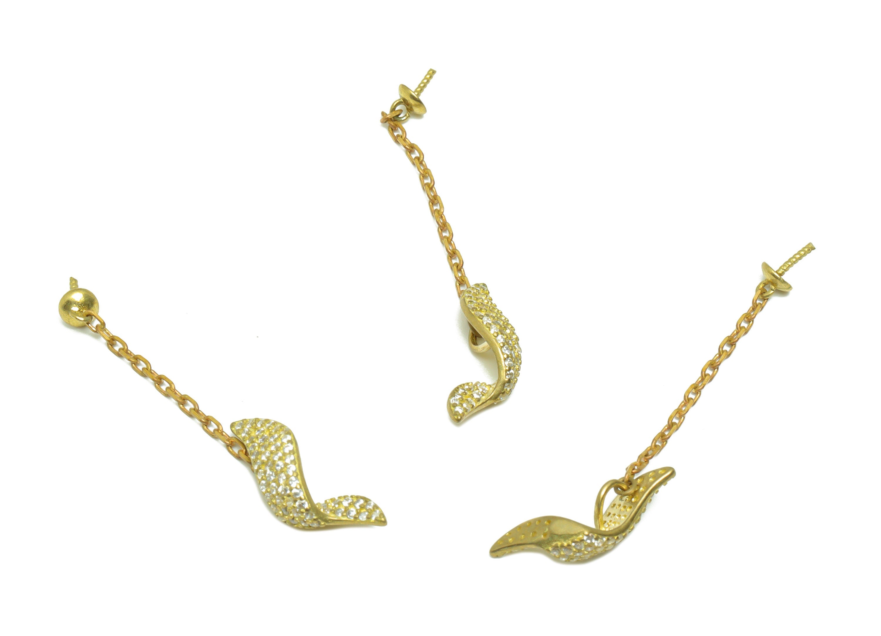 Brass CZ Wavy Earring Wire - Raw Brass Zircon Twisted Chain Earring - CZ Chain Pearl Setting For Earring - Pearl Setting - 44x4x4mm - PP9602 - DOMEDBAZAAR