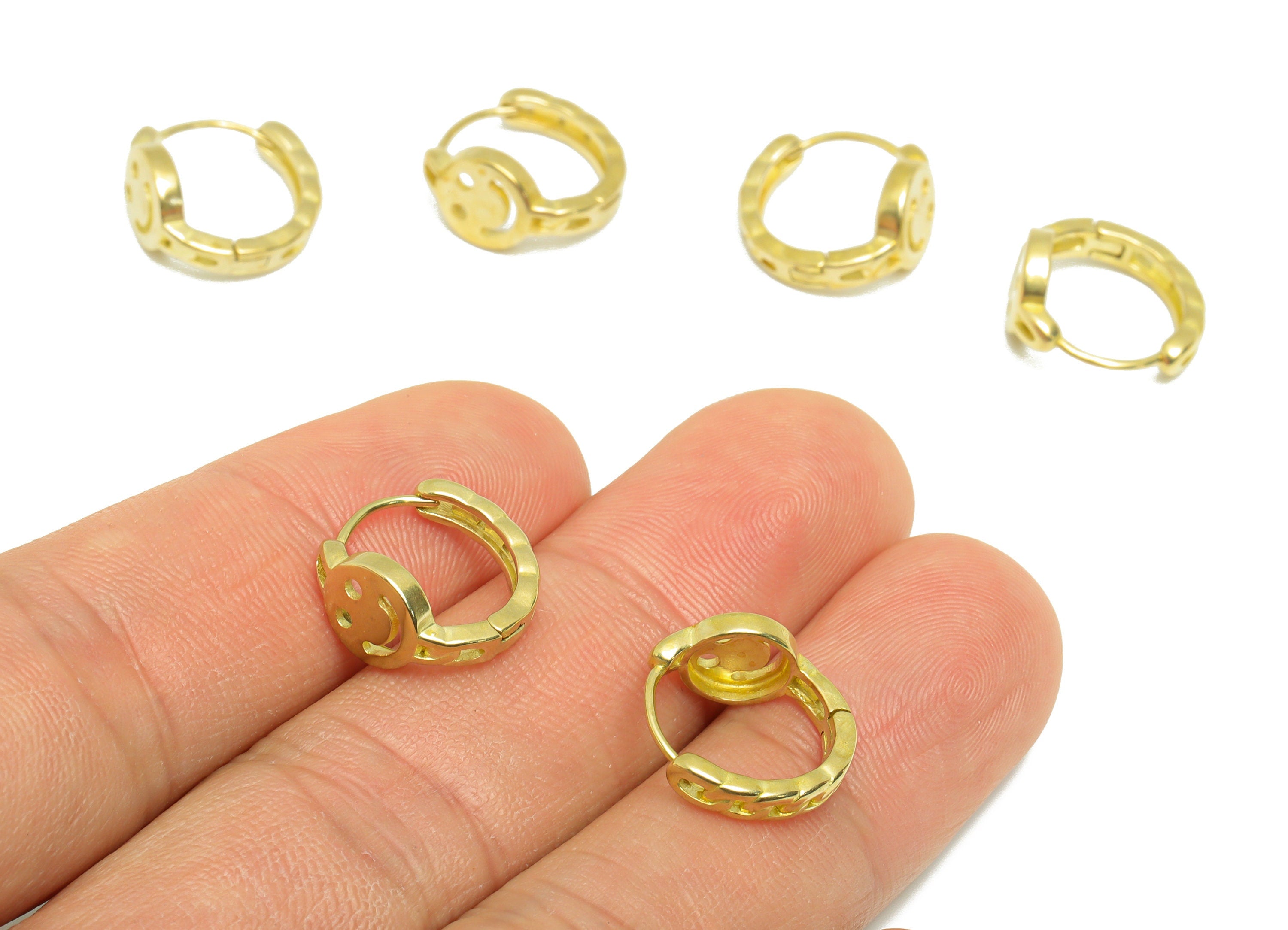 Brass Chain Huggie Hoop Earring - Raw Brass Happy Face Earring Clasp - Brass Happy Clasp Earring - Clasp Hoop Earring - 13x13x7.7mm - PP9614 - DOMEDBAZAAR