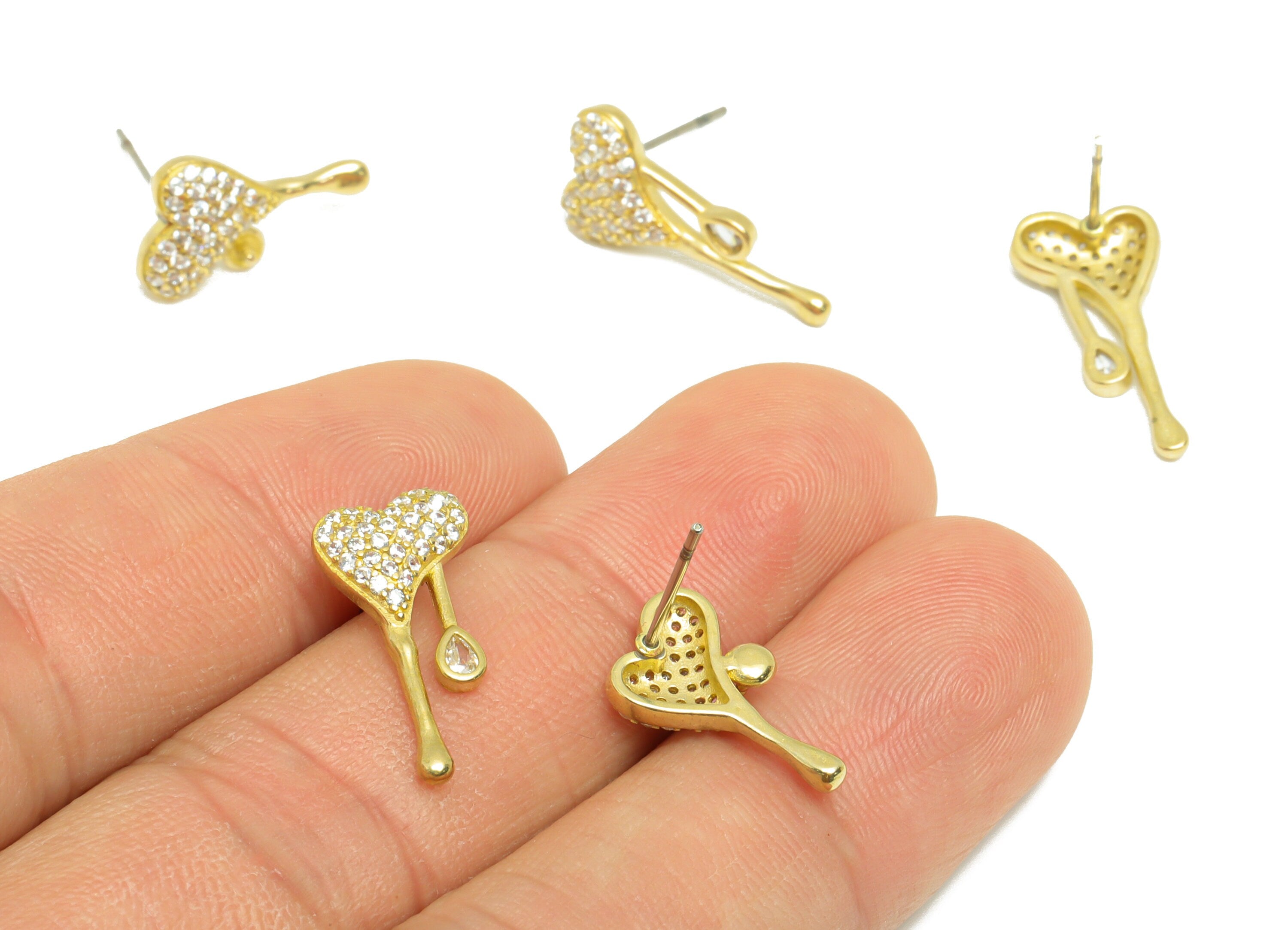 Brass Heart CZ Earring Post Pearl Setting - Raw Brass Melt Earring Stud - Brass Cubic Zircon Melting Heart Earring Post - 19x9x3mm - PP9587 - DOMEDBAZAAR