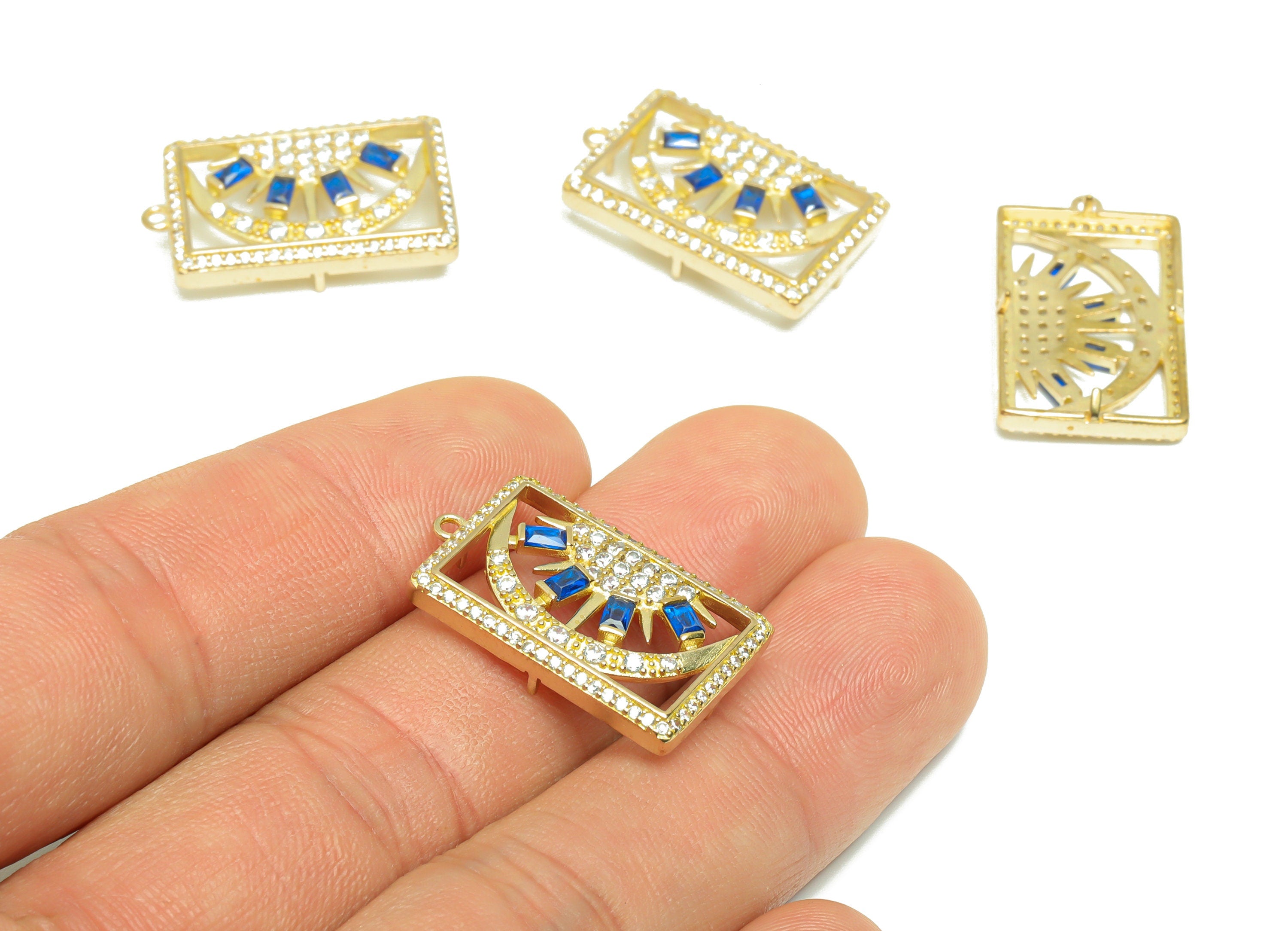 CZ Rectangle Sun Pendant - Raw Brass Zircon Rectangle Earring Charm - Blue Sunshine Pendant - Crescent Charm - 25x15x 2.89mm - PP9591 - DOMEDBAZAAR