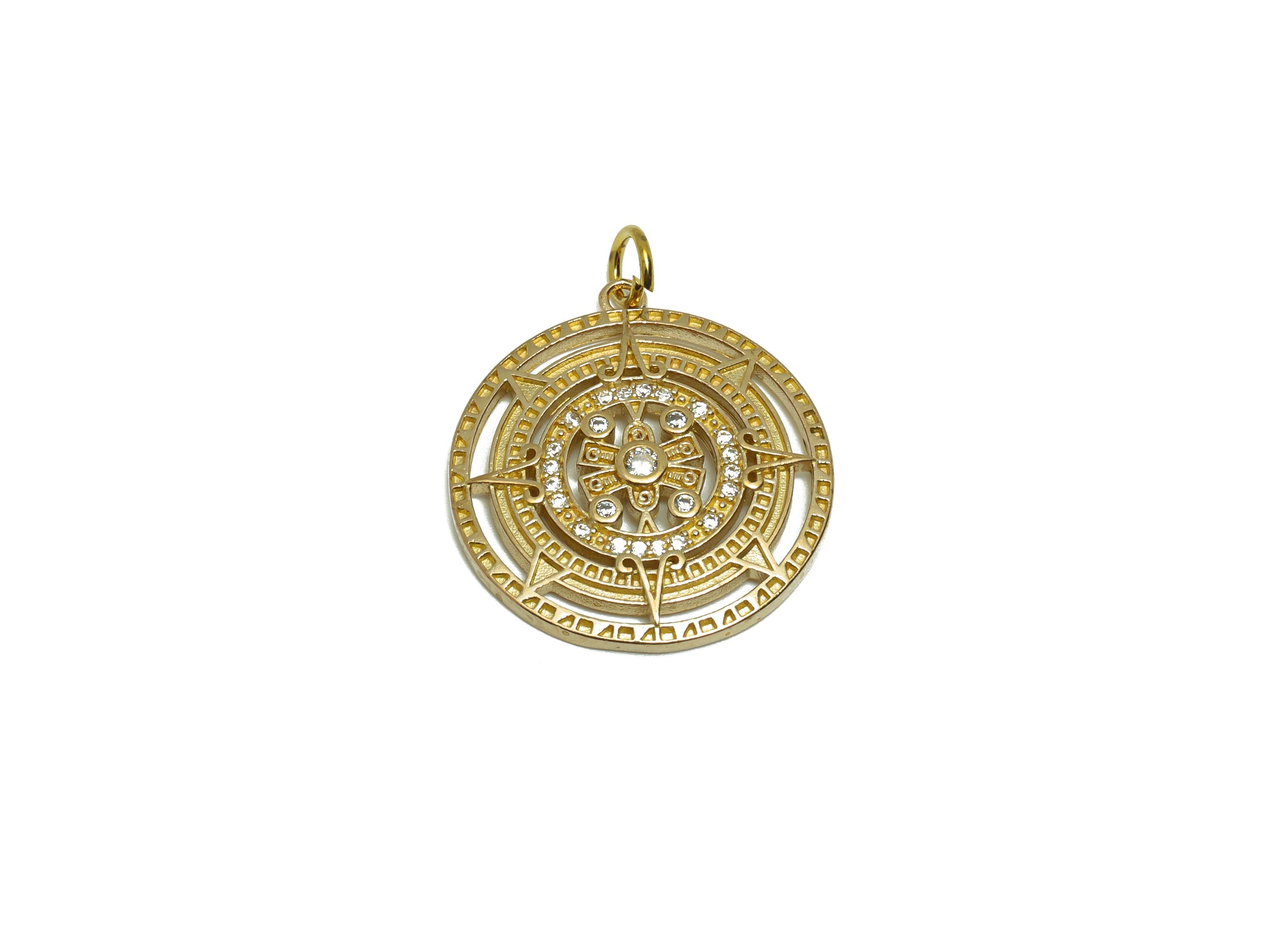 Brass CZ Sun Pendant - Raw Brass Textured Zircon Round Earring Charm - Circle Compass Pendant - 26.6x22.07x2.42mm - PP9589 - DOMEDBAZAAR