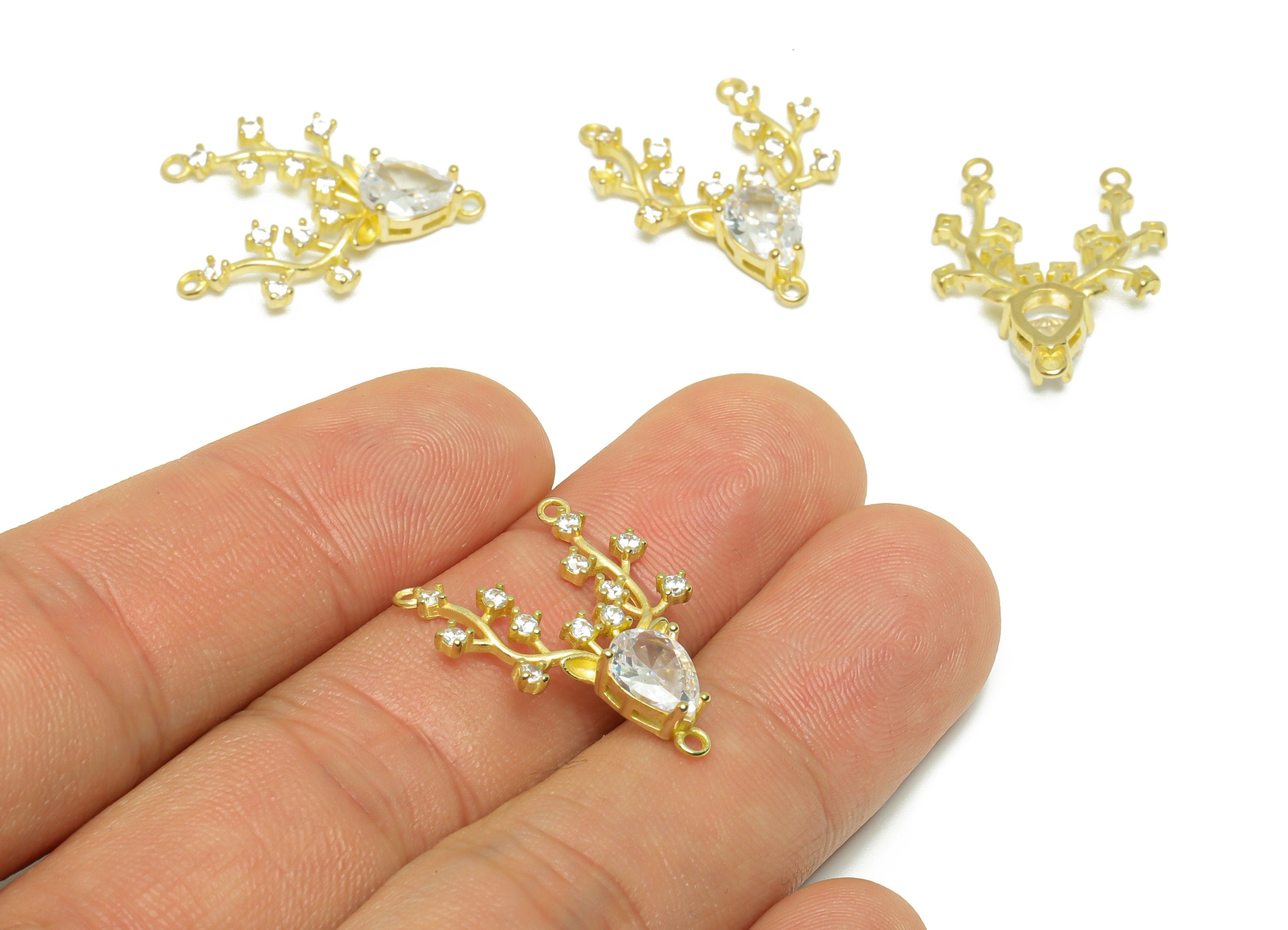Brass CZ Deer Drop Pendant - Raw Brass Antlers Teardrop Zircon Earring Charm - Zircon Connector - Deer Necklace Charm - 24x17x4mm - PP9547 - DOMEDBAZAAR