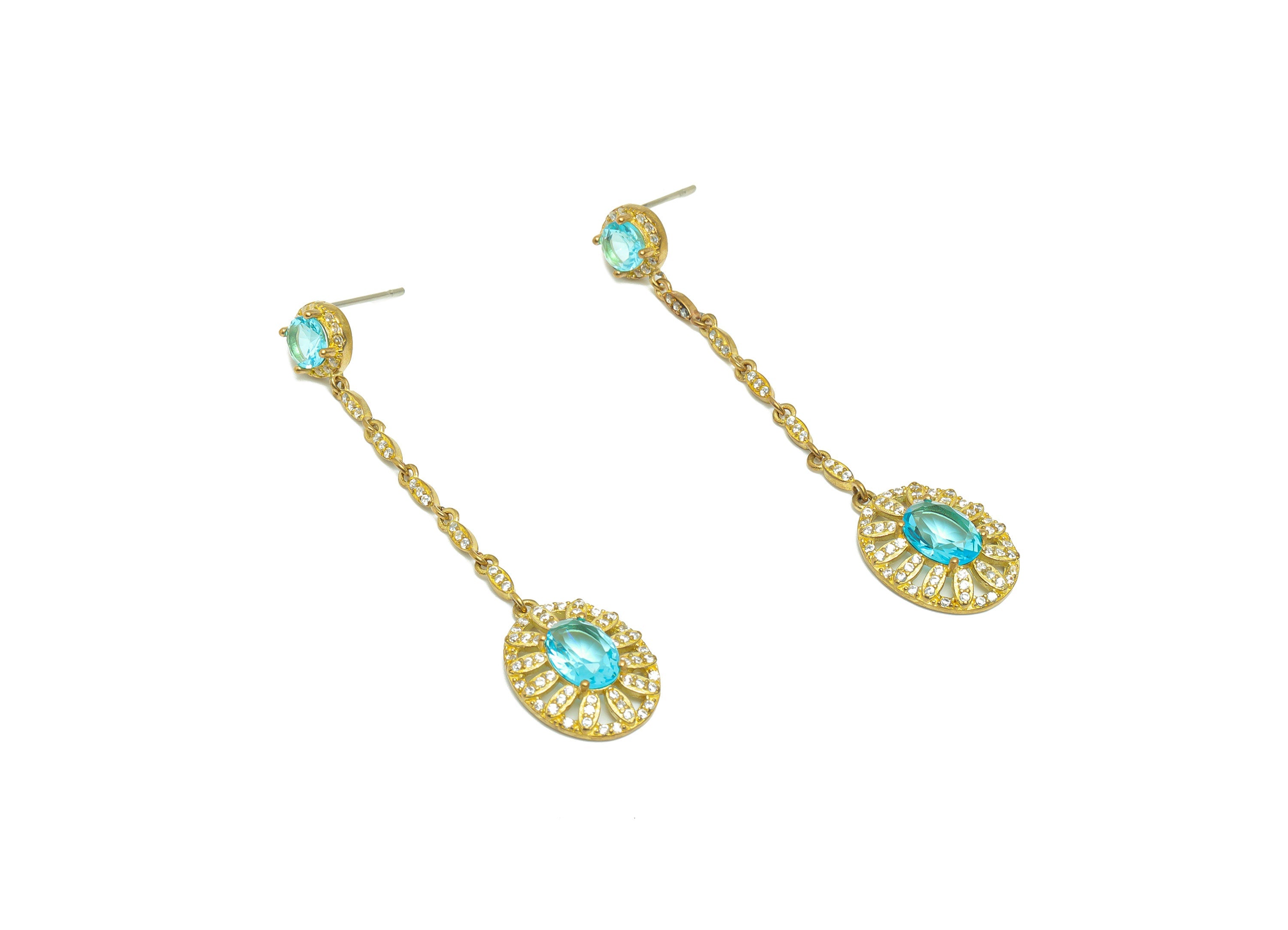 Brass CZ Oval Dangle Earring Post - Raw Brass Cubic Zircon Earring Post - Brass Blue Zircon Hang Oval Earring Post - 56.6x13x4.32mm - PP9580 - DOMEDBAZAAR