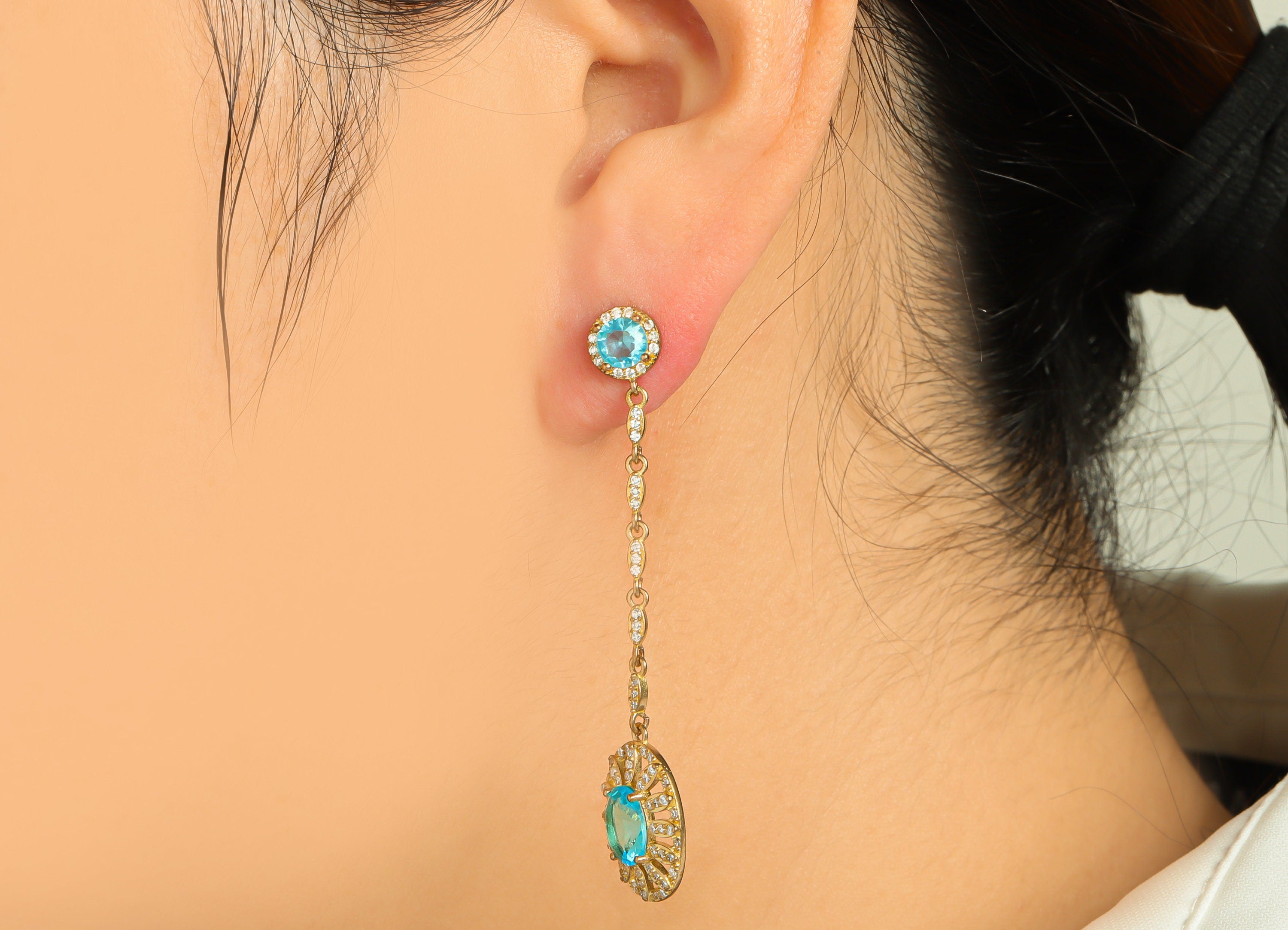 Brass CZ Oval Dangle Earring Post - Raw Brass Cubic Zircon Earring Post - Brass Blue Zircon Hang Oval Earring Post - 56.6x13x4.32mm - PP9580 - DOMEDBAZAAR