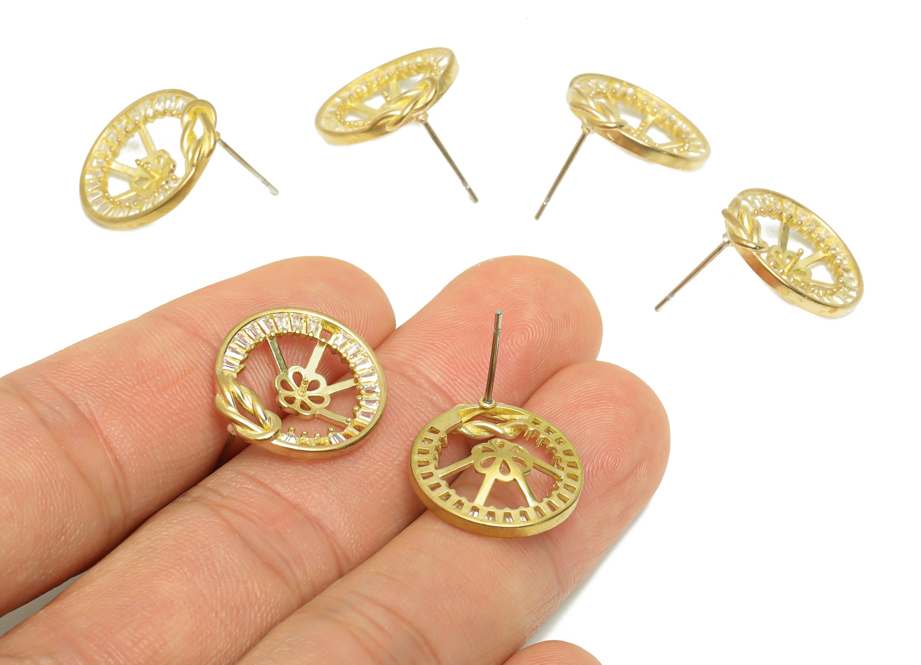 Brass CZ Round Earring Post - Raw Brass Cubic Zircon Earring Post - Brass Pearl Setting Flower Earring Post - For Pearl - 18x17x4mm - PP9590 - DOMEDBAZAAR