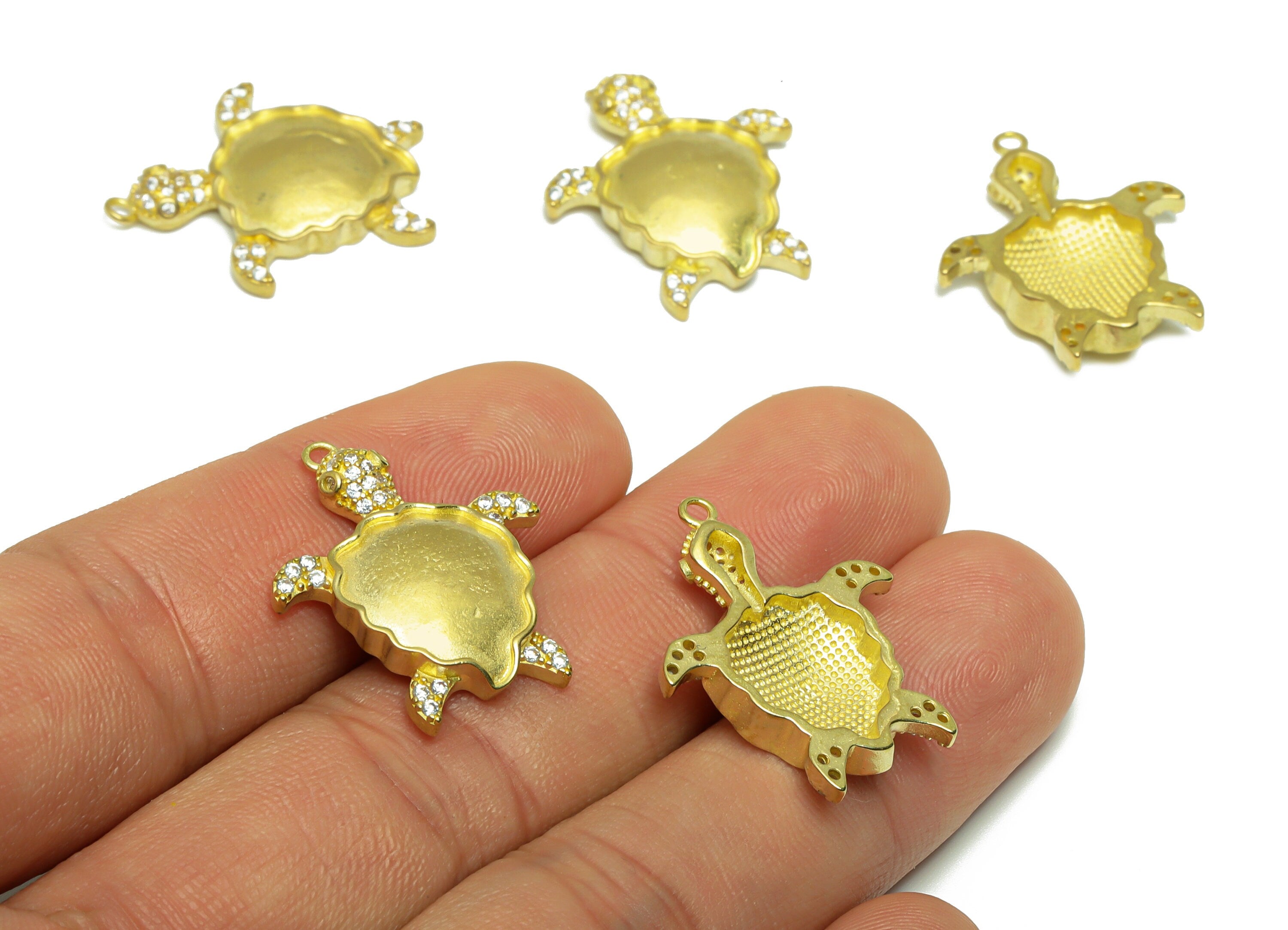 Brass CZ Turtle Figuer Earring Charm - Raw Brass Wavy Cubic Zircon Earring Charm - Zircon Pendant - Animal Pendant - 25.3x21.2x4mm - PP9560 - DOMEDBAZAAR