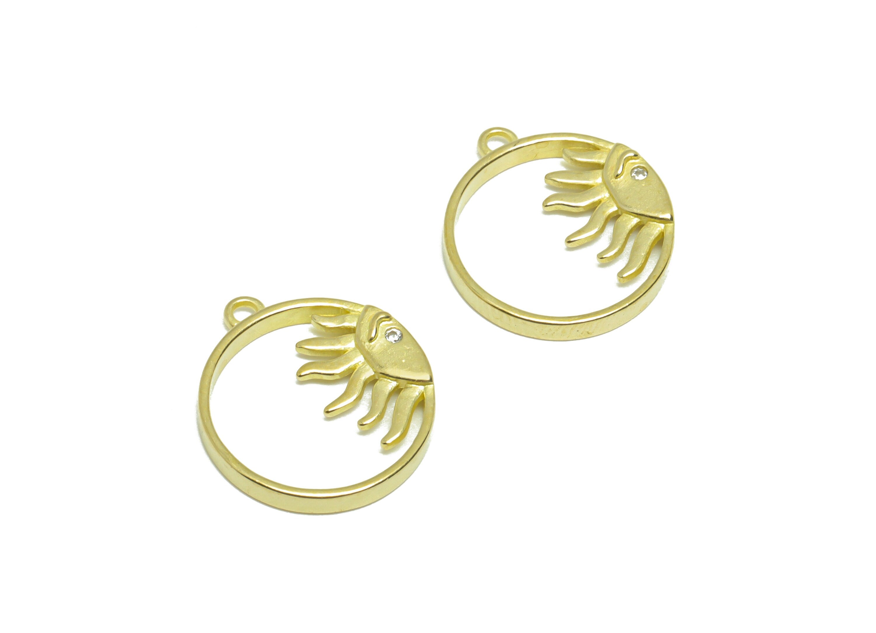 Brass CZ Sun Earring Charm - Raw Brass Sunshine Earring Charm - Brass Cubic Zircon Pendant - Round Zircon Pendant - 17.4x14.6x1.8mm - PP9570 - DOMEDBAZAAR